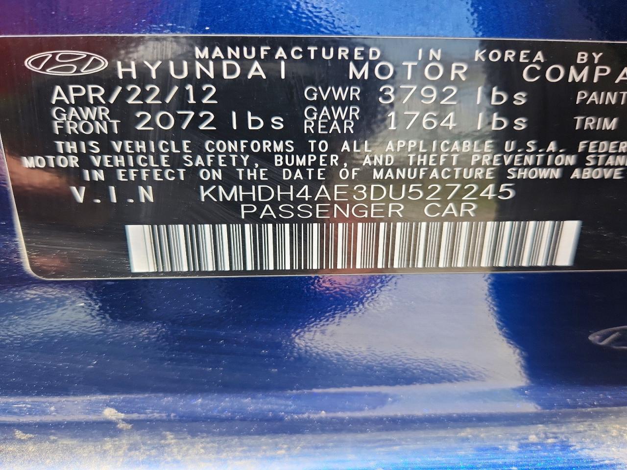 2013 Hyundai Elantra Limited Blue vin: KMHDH4AE3DU527245