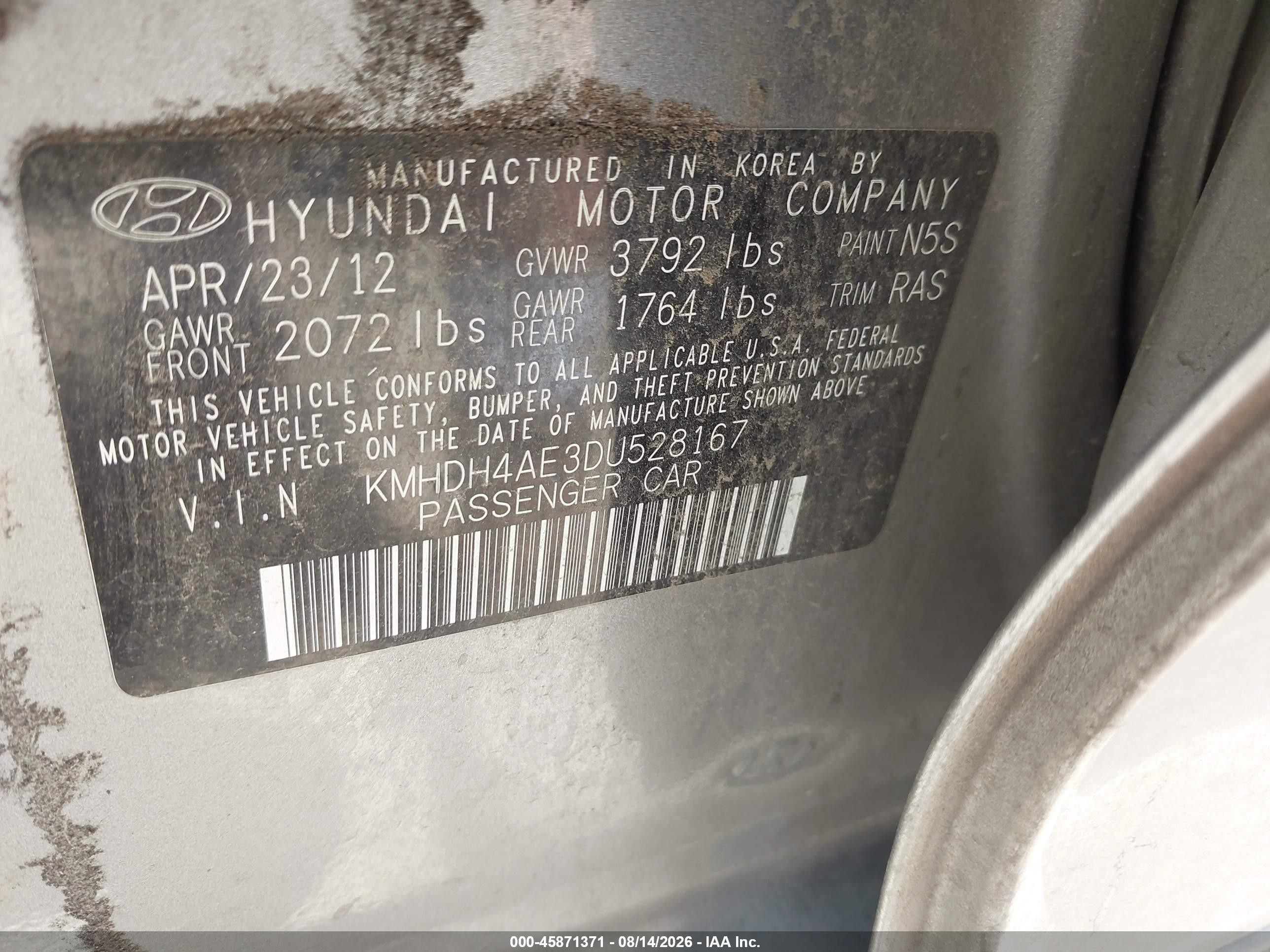 2013 Hyundai Elantra Gls Gray vin: KMHDH4AE3DU528167