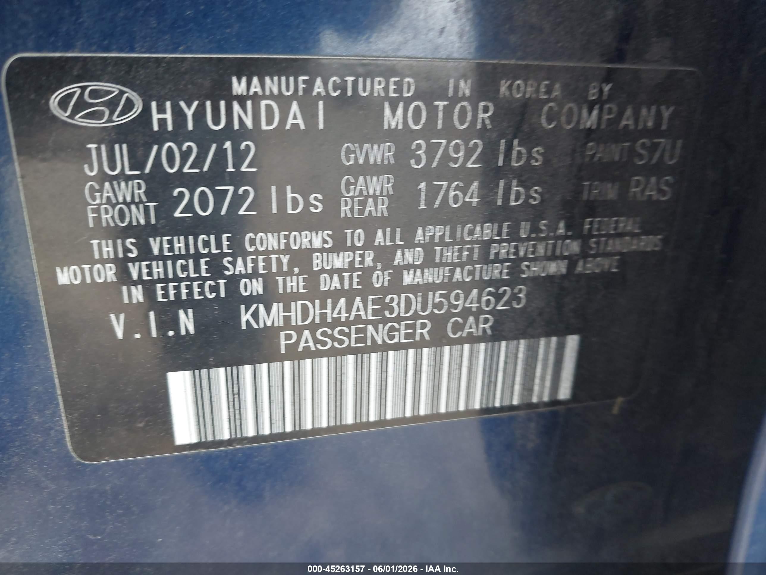 2013 Hyundai Elantra Gls Blue vin: KMHDH4AE3DU594623