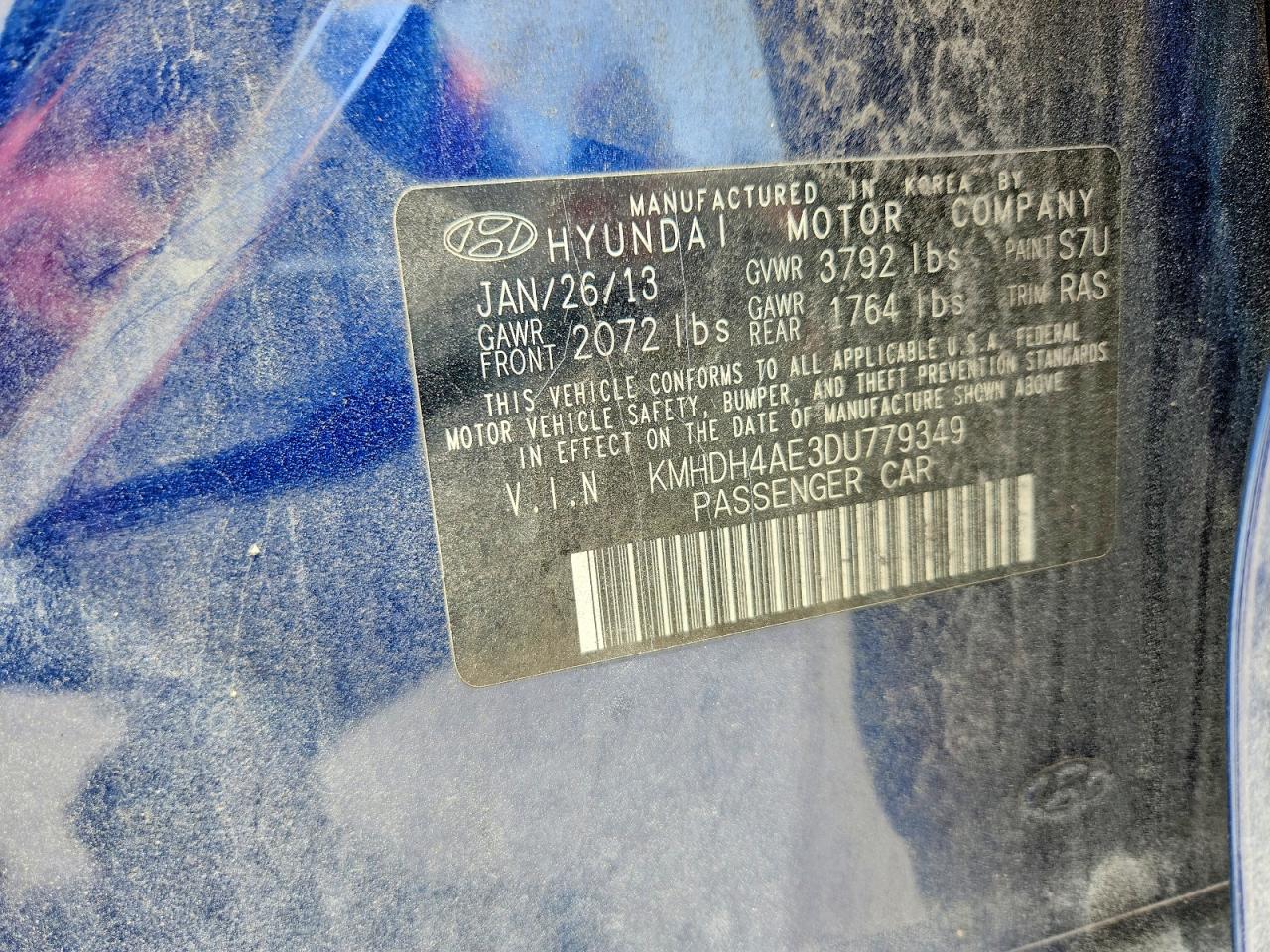 2013 Hyundai Elantra Limited Blue vin: KMHDH4AE3DU779349