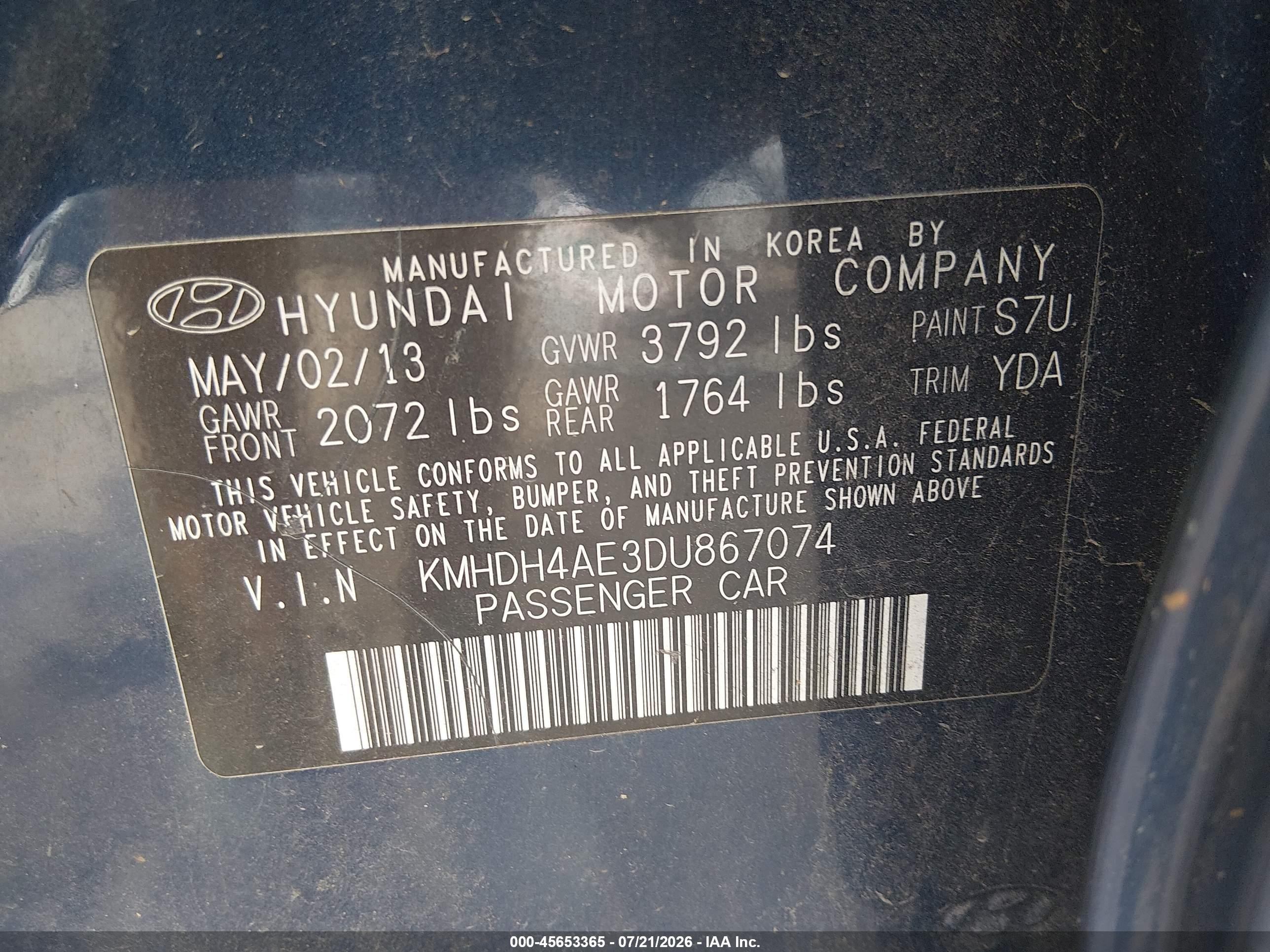2013 Hyundai Elantra Limited Blue vin: KMHDH4AE3DU867074