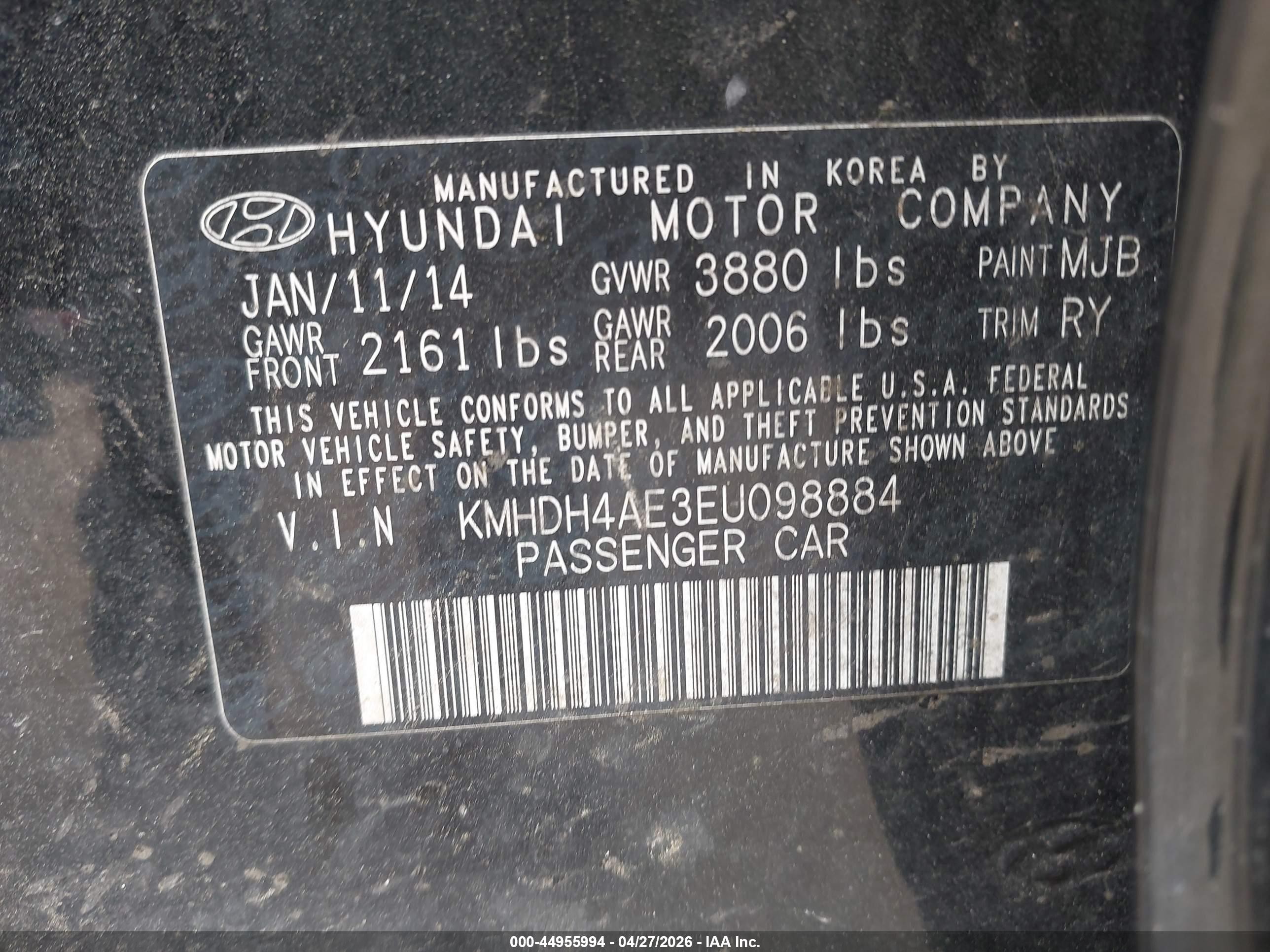 2014 Hyundai Elantra Limited Black vin: KMHDH4AE3EU098884