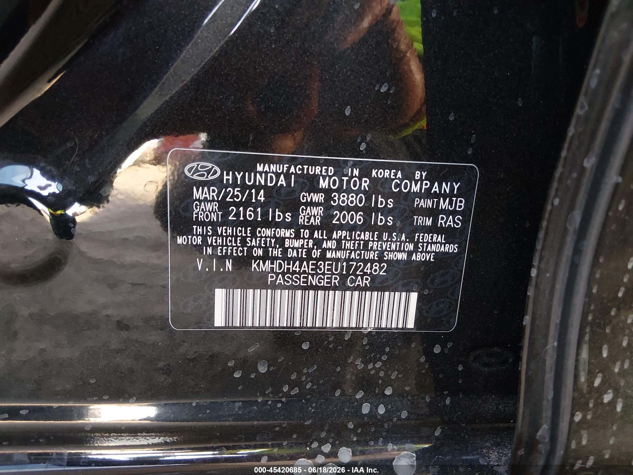 2014 Hyundai Elantra Se Black vin: KMHDH4AE3EU172482