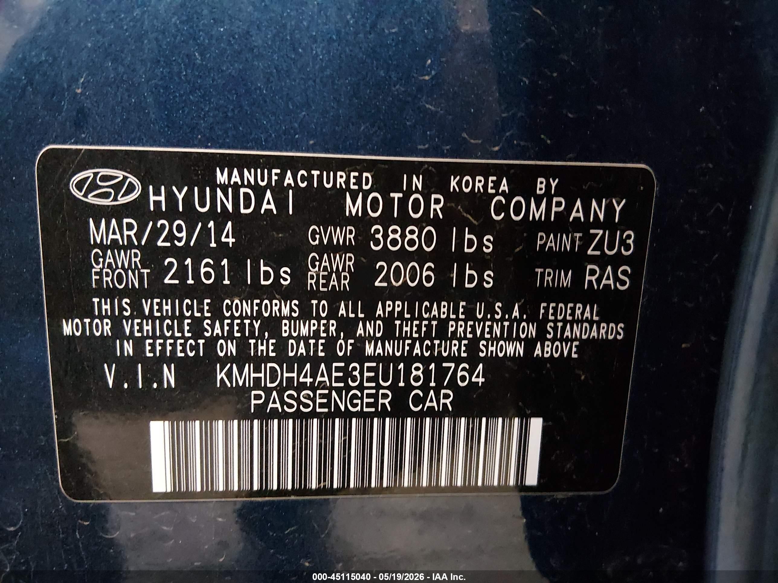 2014 Hyundai Elantra Se Blue vin: KMHDH4AE3EU181764