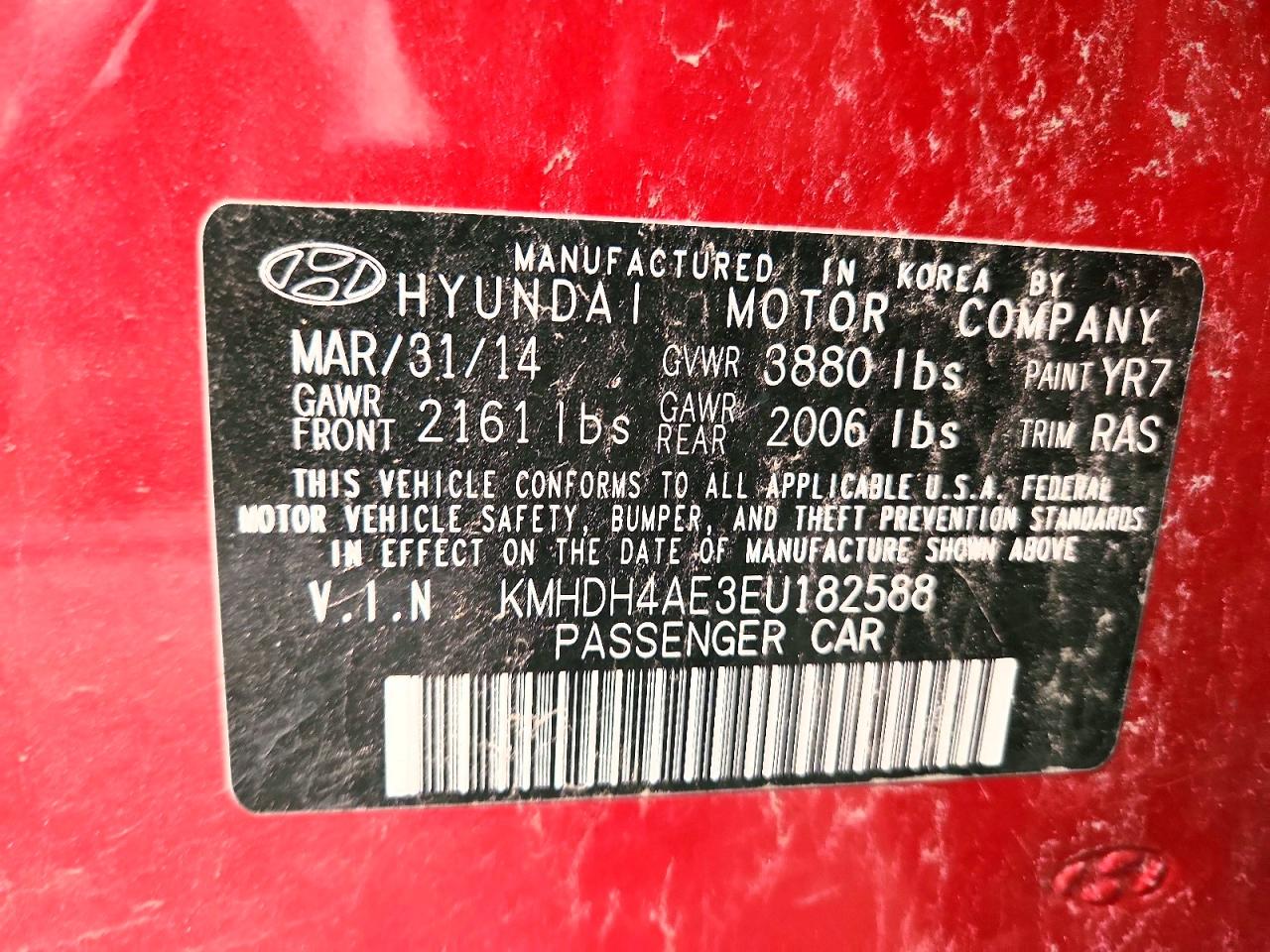 2014 Hyundai Elantra Se Red vin: KMHDH4AE3EU182588