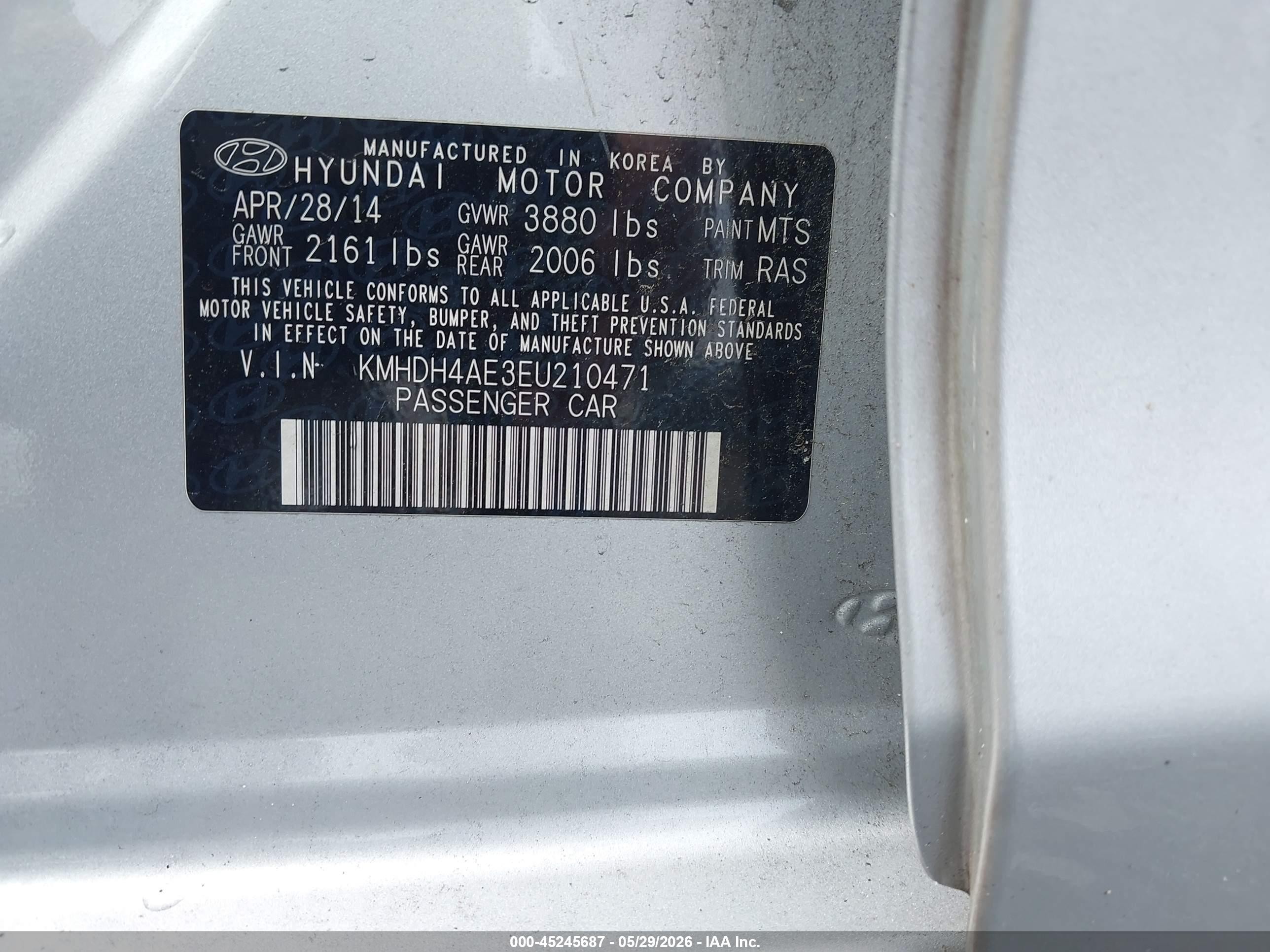 2014 Hyundai Elantra Se Silver vin: KMHDH4AE3EU210471