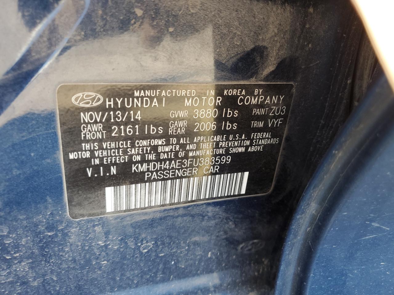 2015 Hyundai Elantra Se Blue vin: KMHDH4AE3FU383599