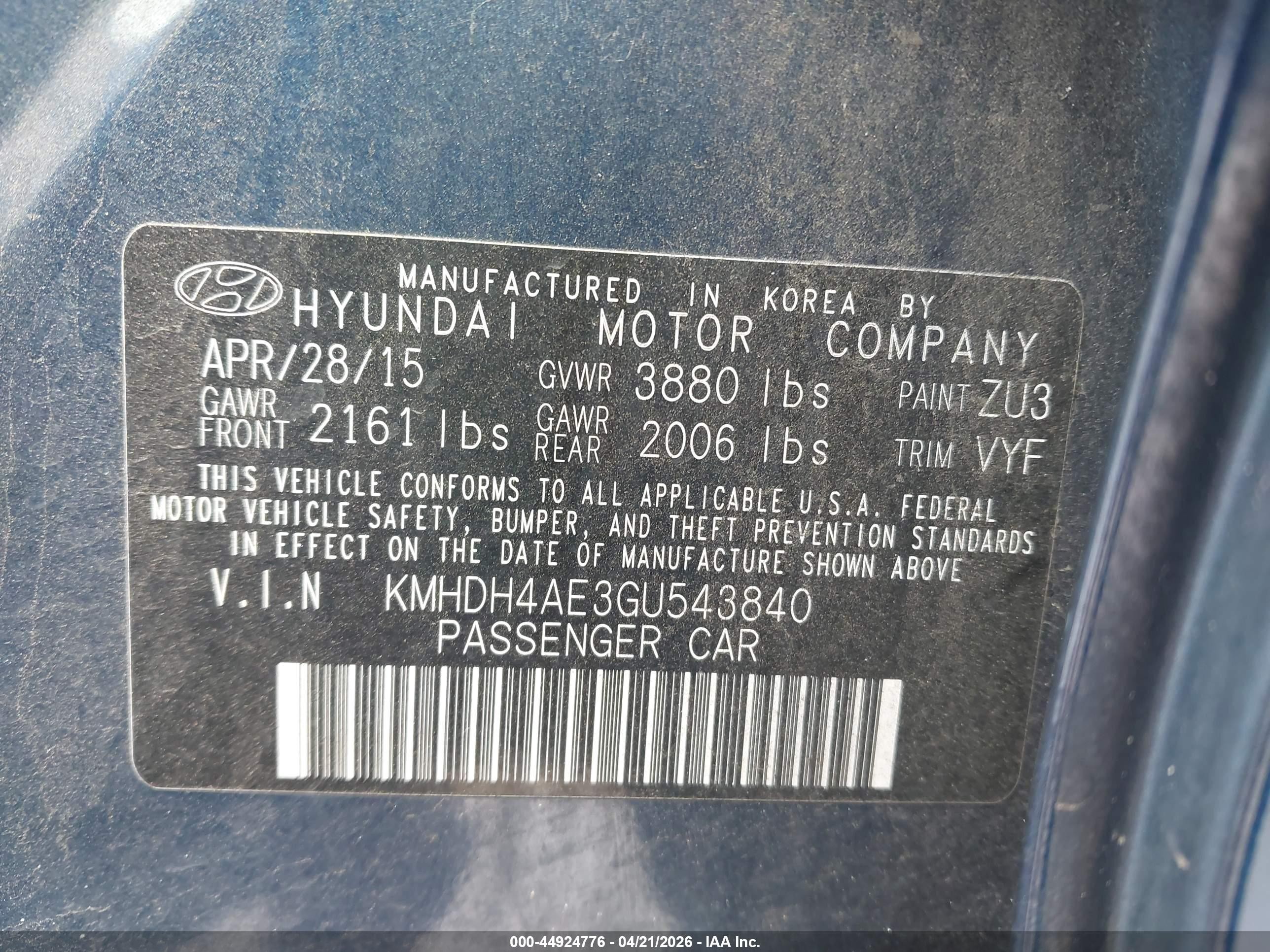 2016 Hyundai Elantra Se Blue vin: KMHDH4AE3GU543840