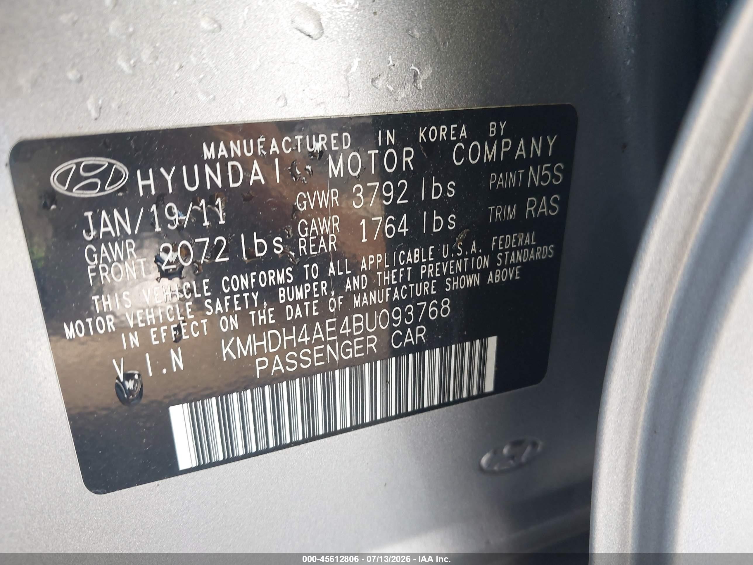 2011 Hyundai Elantra Gls (ulsan Plant) Gray vin: KMHDH4AE4BU093768