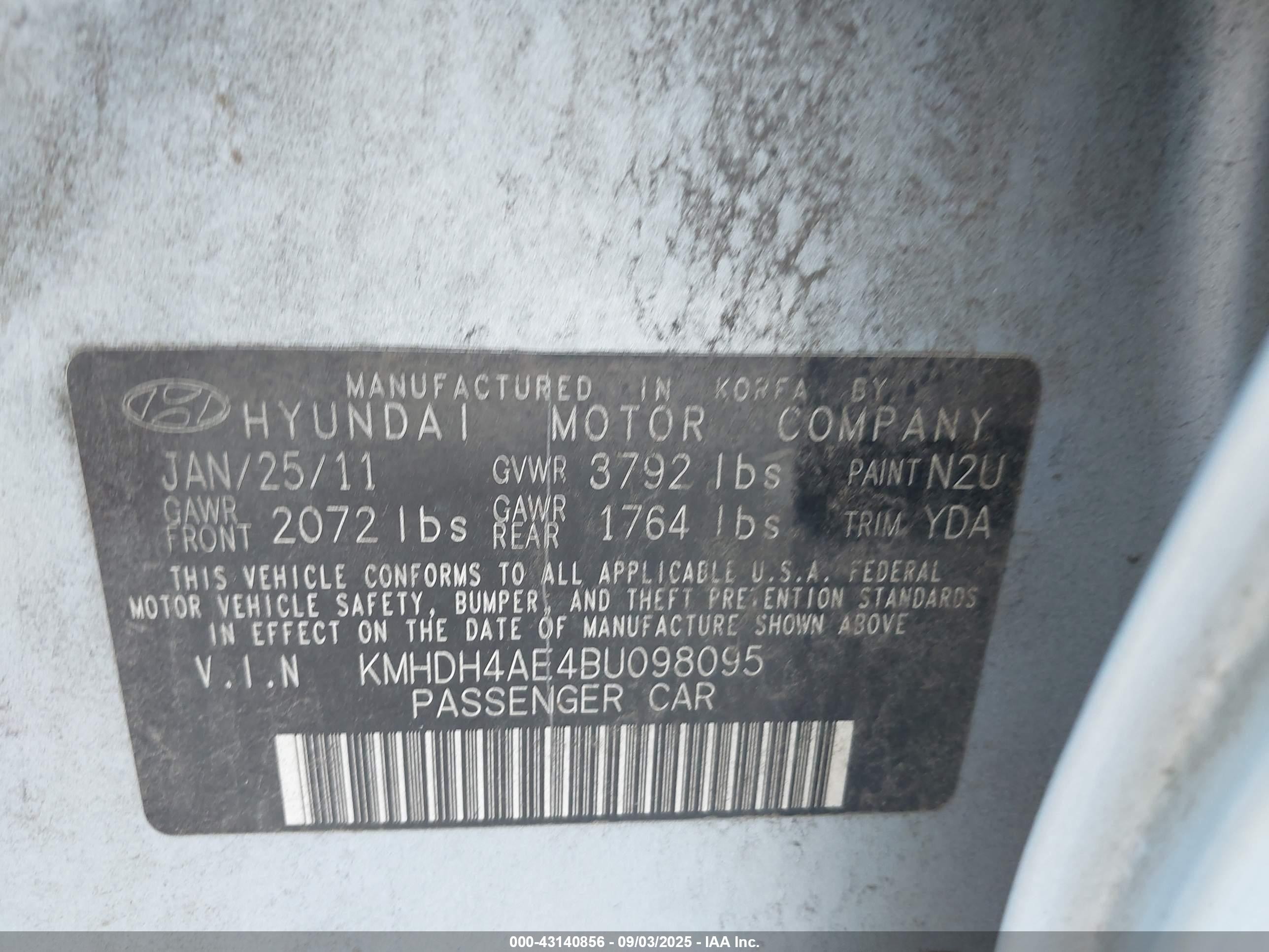 2011 Hyundai Elantra Gls (ulsan Plant) Light Blue vin: KMHDH4AE4BU098095
