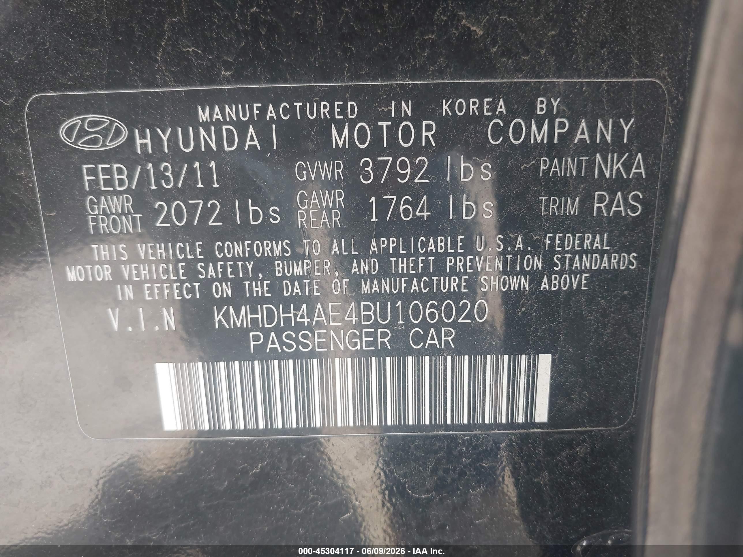 2011 Hyundai Elantra Gls (ulsan Plant) Black vin: KMHDH4AE4BU106020