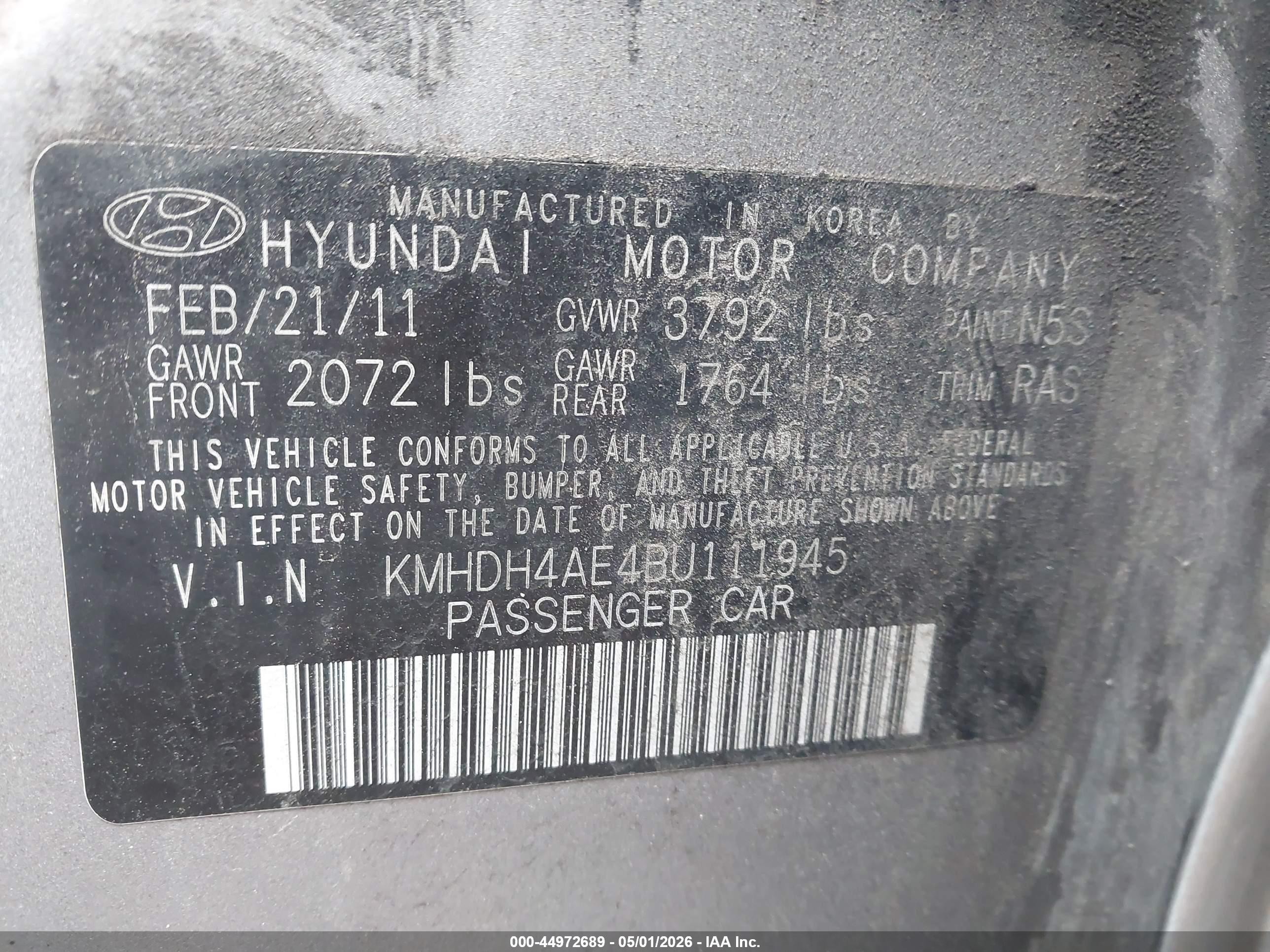 2011 Hyundai Elantra Gls (ulsan Plant) Silver vin: KMHDH4AE4BU111945