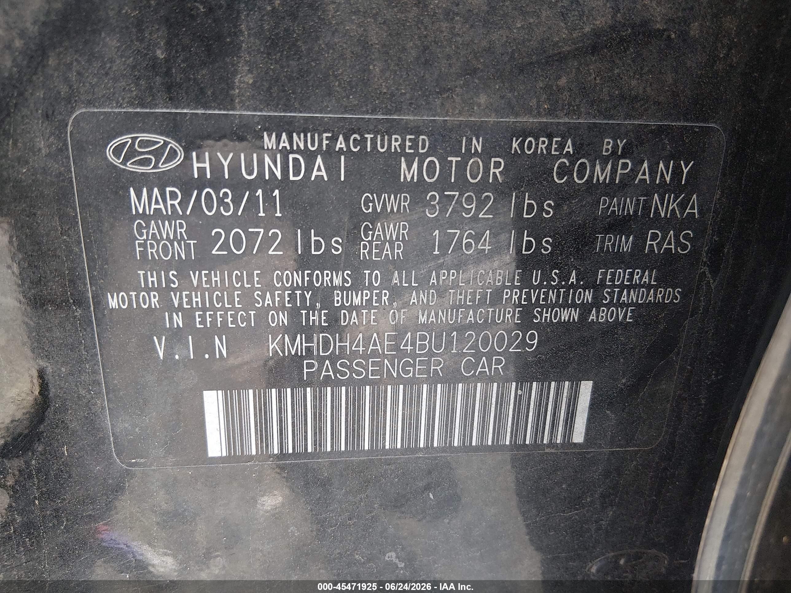 2011 Hyundai Elantra Limited (ulsan Plant) Black vin: KMHDH4AE4BU120029