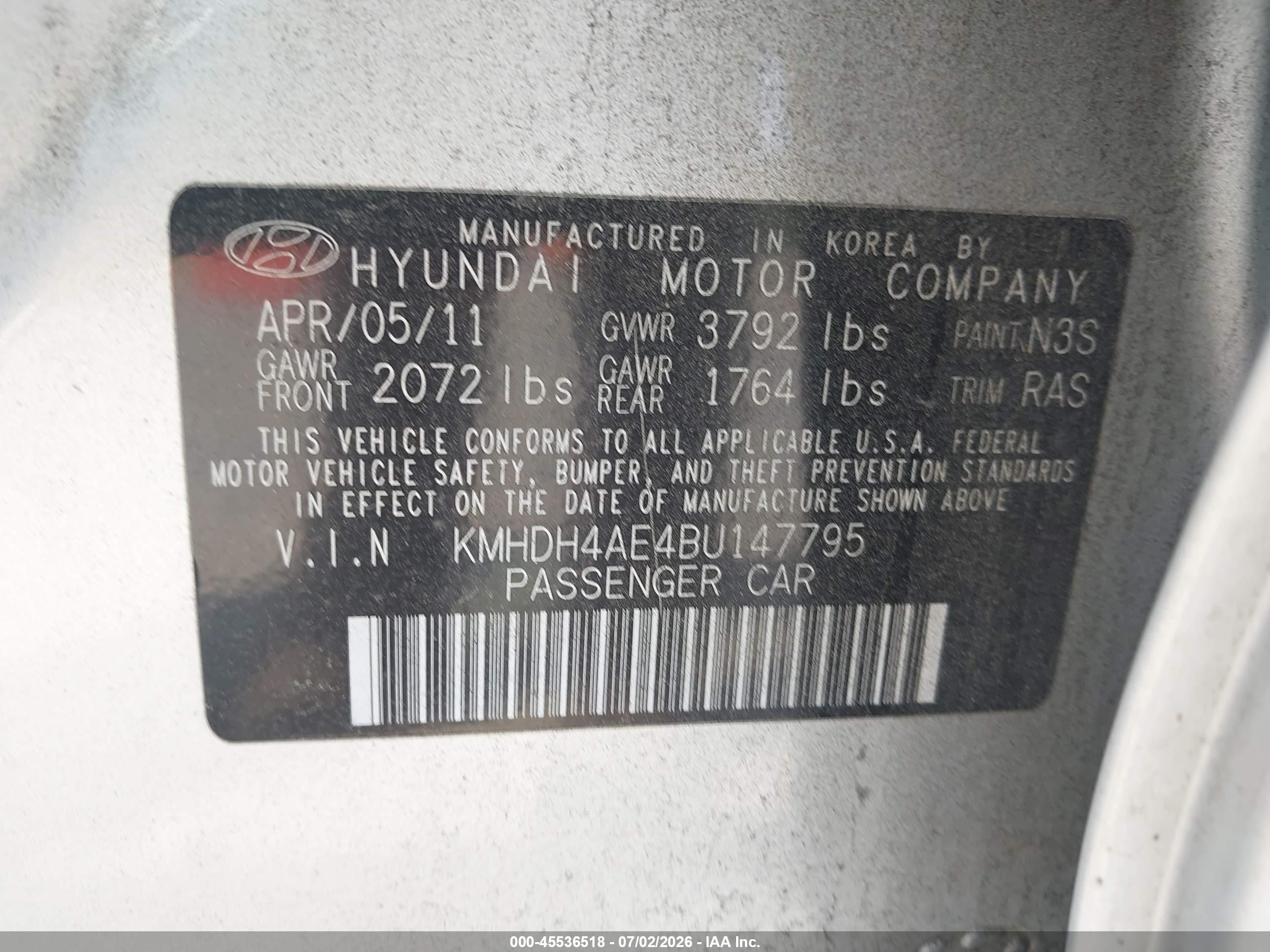 2011 Hyundai Elantra Gls (ulsan Plant) Silver vin: KMHDH4AE4BU147795