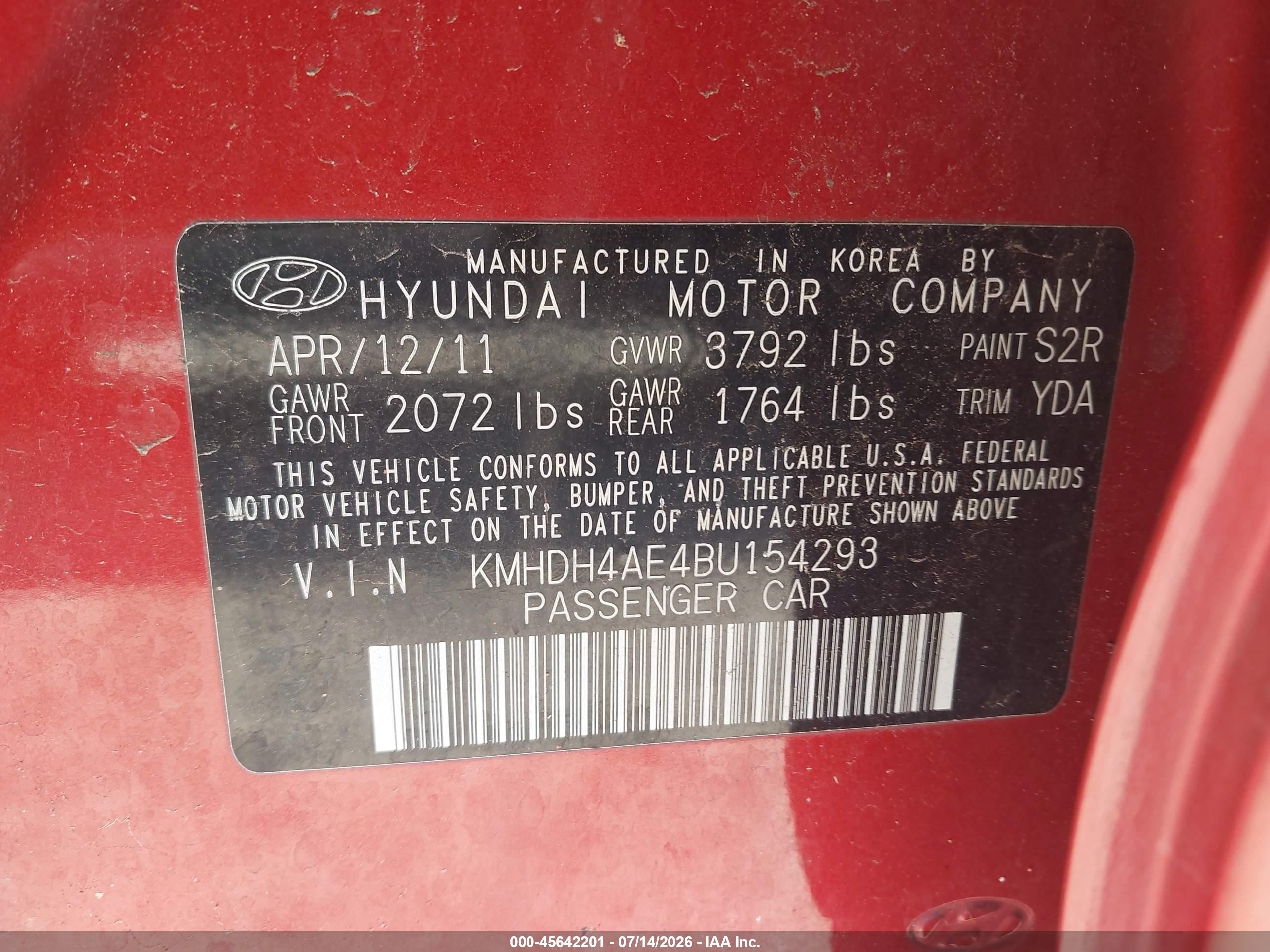2011 Hyundai Elantra Limited (ulsan Plant) Red vin: KMHDH4AE4BU154293