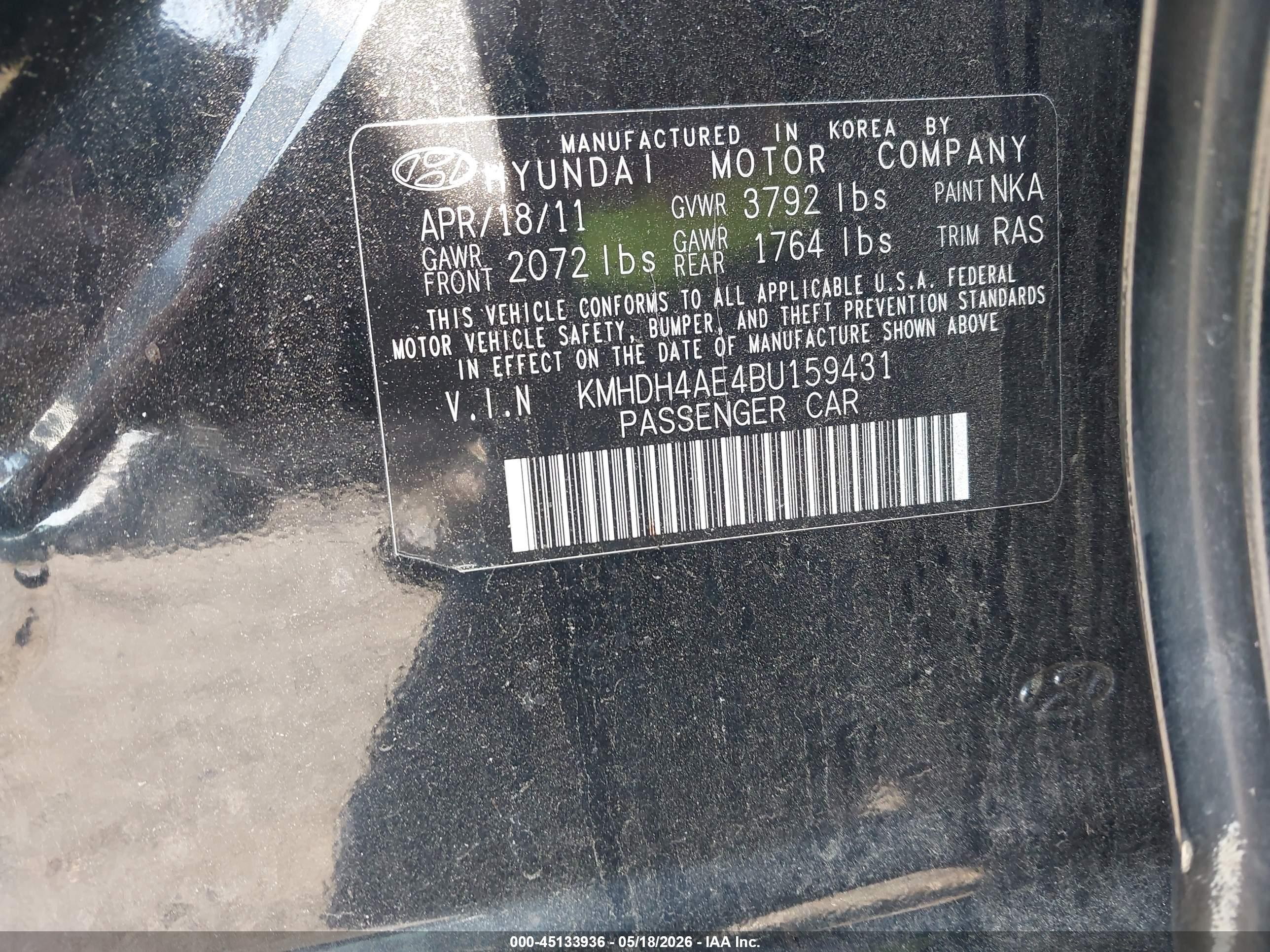 2011 Hyundai Elantra Gls (ulsan Plant) Black vin: KMHDH4AE4BU159431