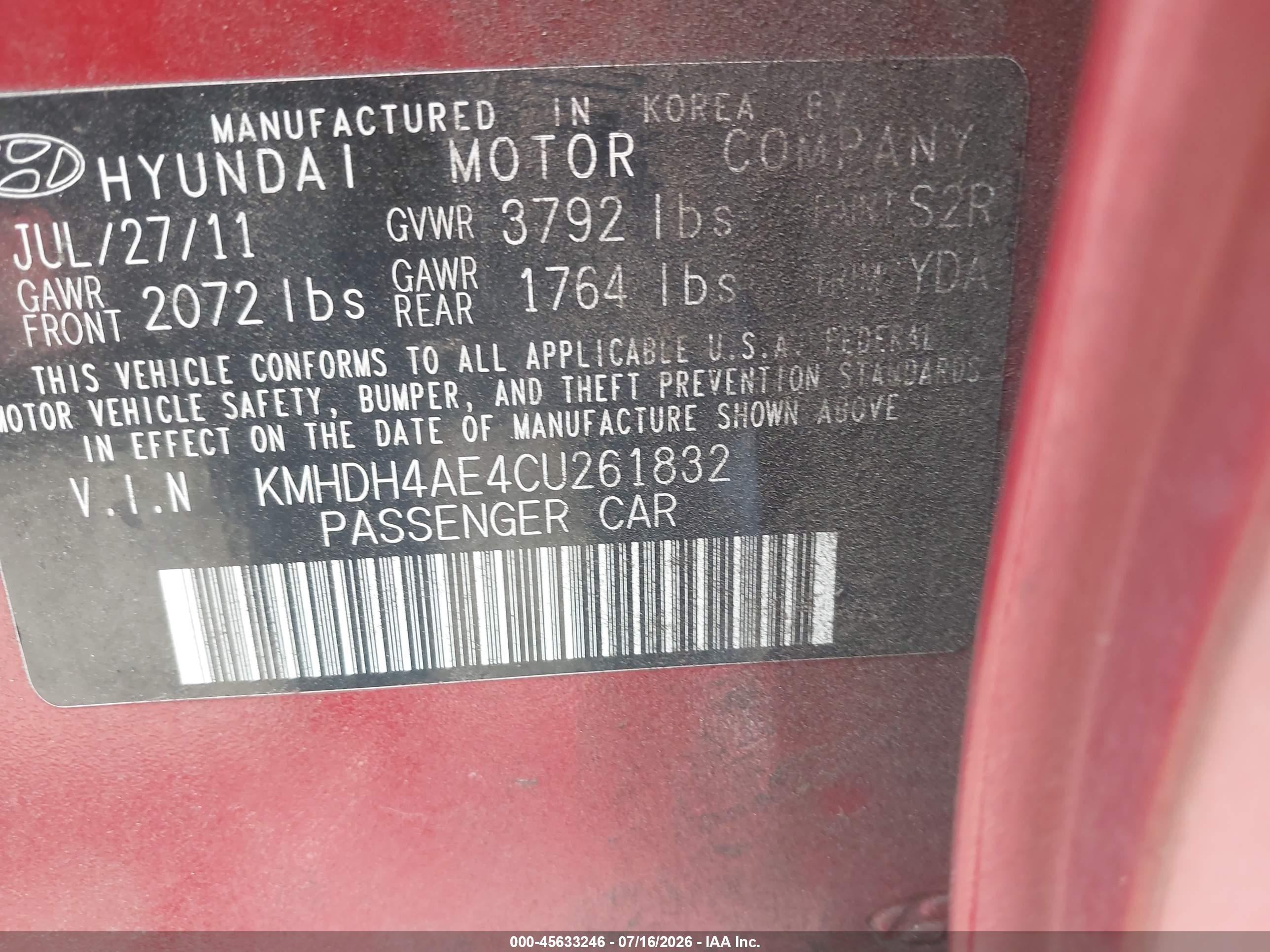 2012 Hyundai Elantra Gls (ulsan Plant) Red vin: KMHDH4AE4CU261832
