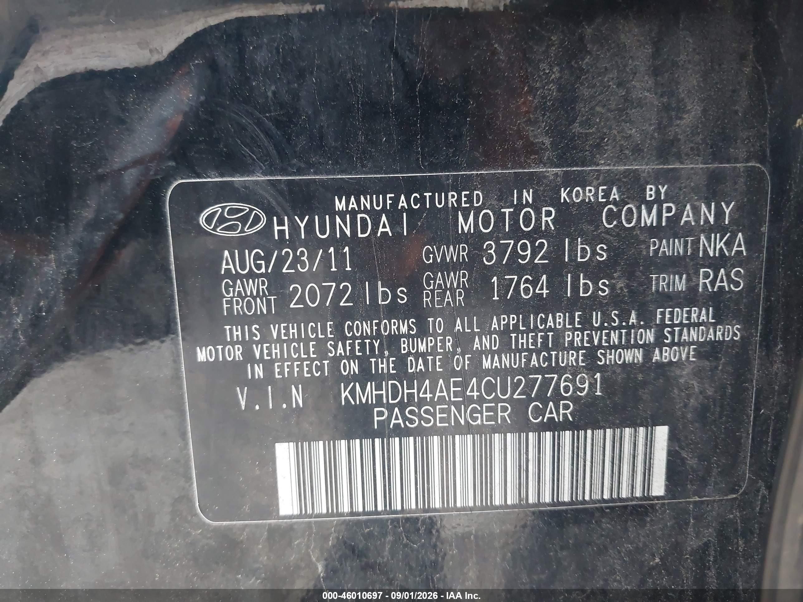 2012 Hyundai Elantra Gls (ulsan Plant) Black vin: KMHDH4AE4CU277691