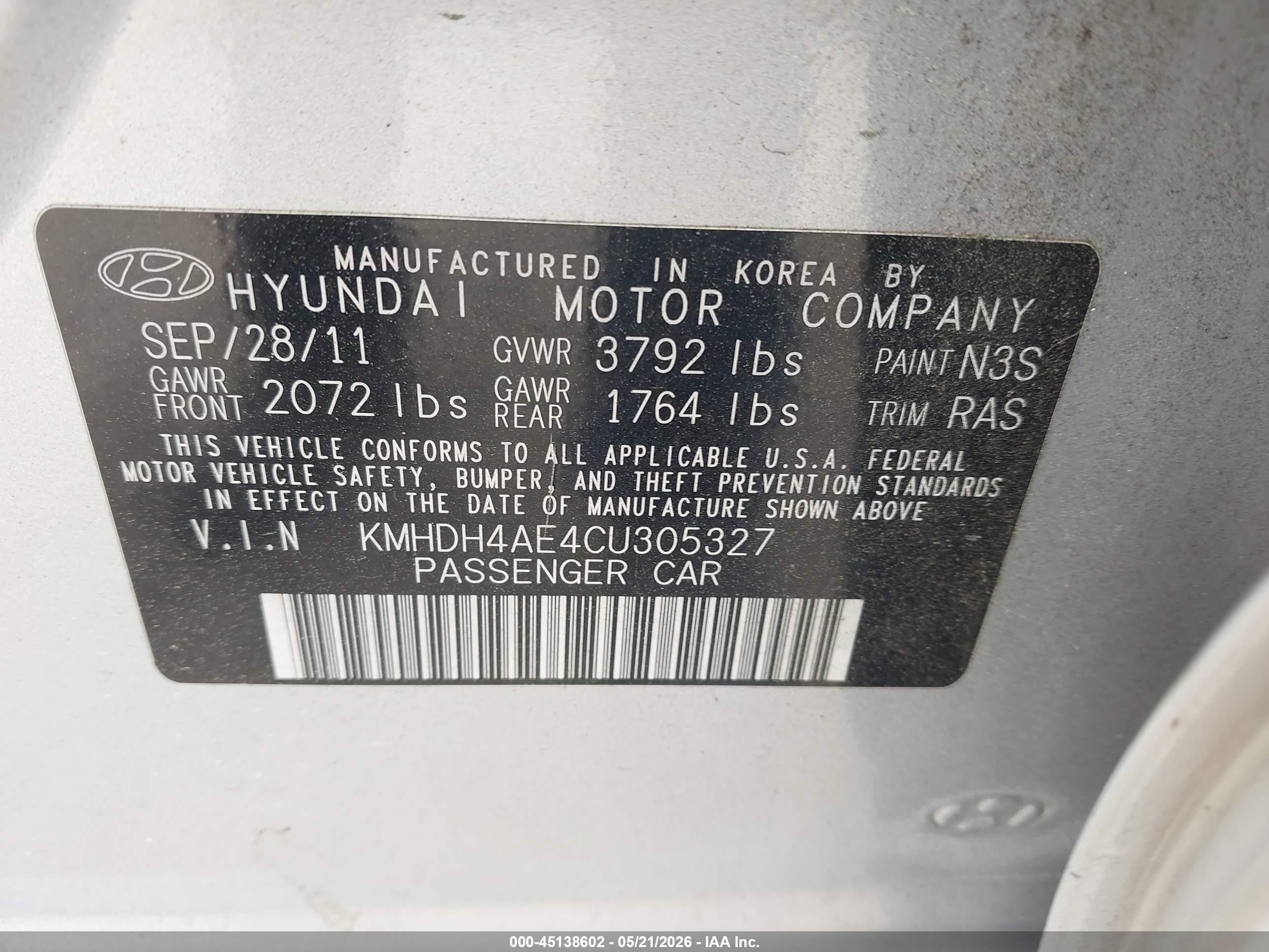2012 Hyundai Elantra Limited (ulsan Plant) Silver vin: KMHDH4AE4CU305327