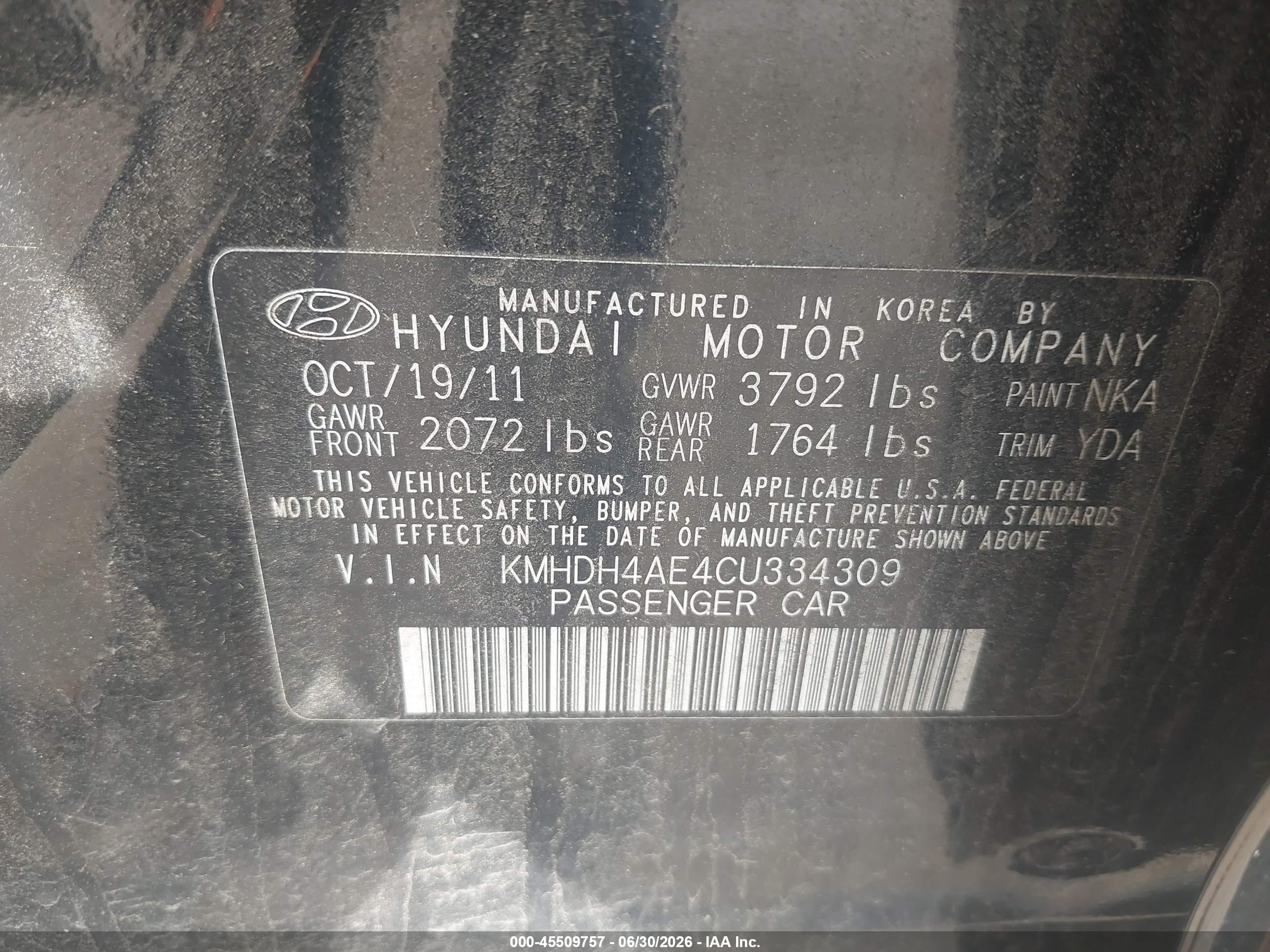 2012 Hyundai Elantra Gls (ulsan Plant) Black vin: KMHDH4AE4CU334309