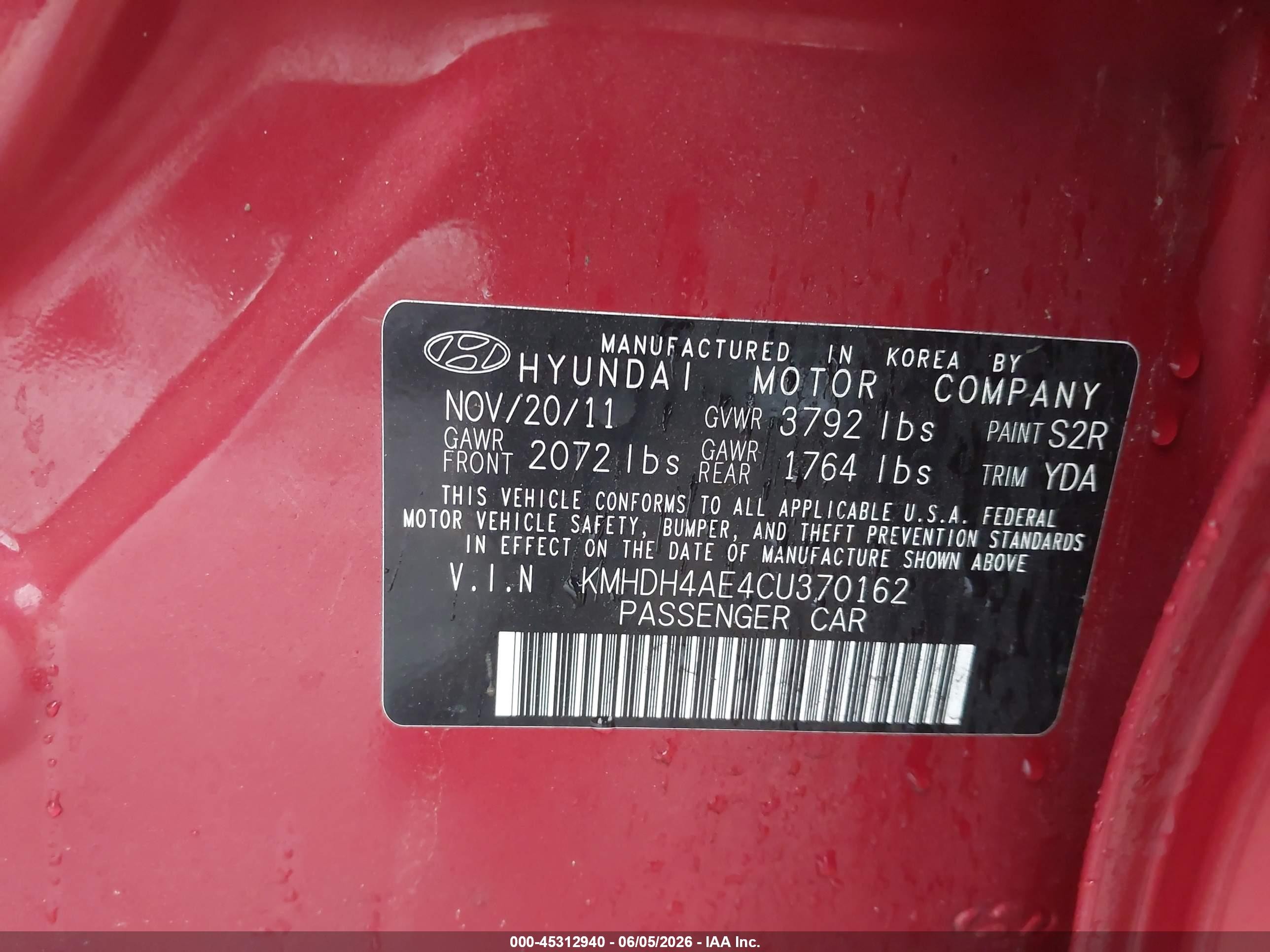 2012 Hyundai Elantra Gls (ulsan Plant) Red vin: KMHDH4AE4CU370162