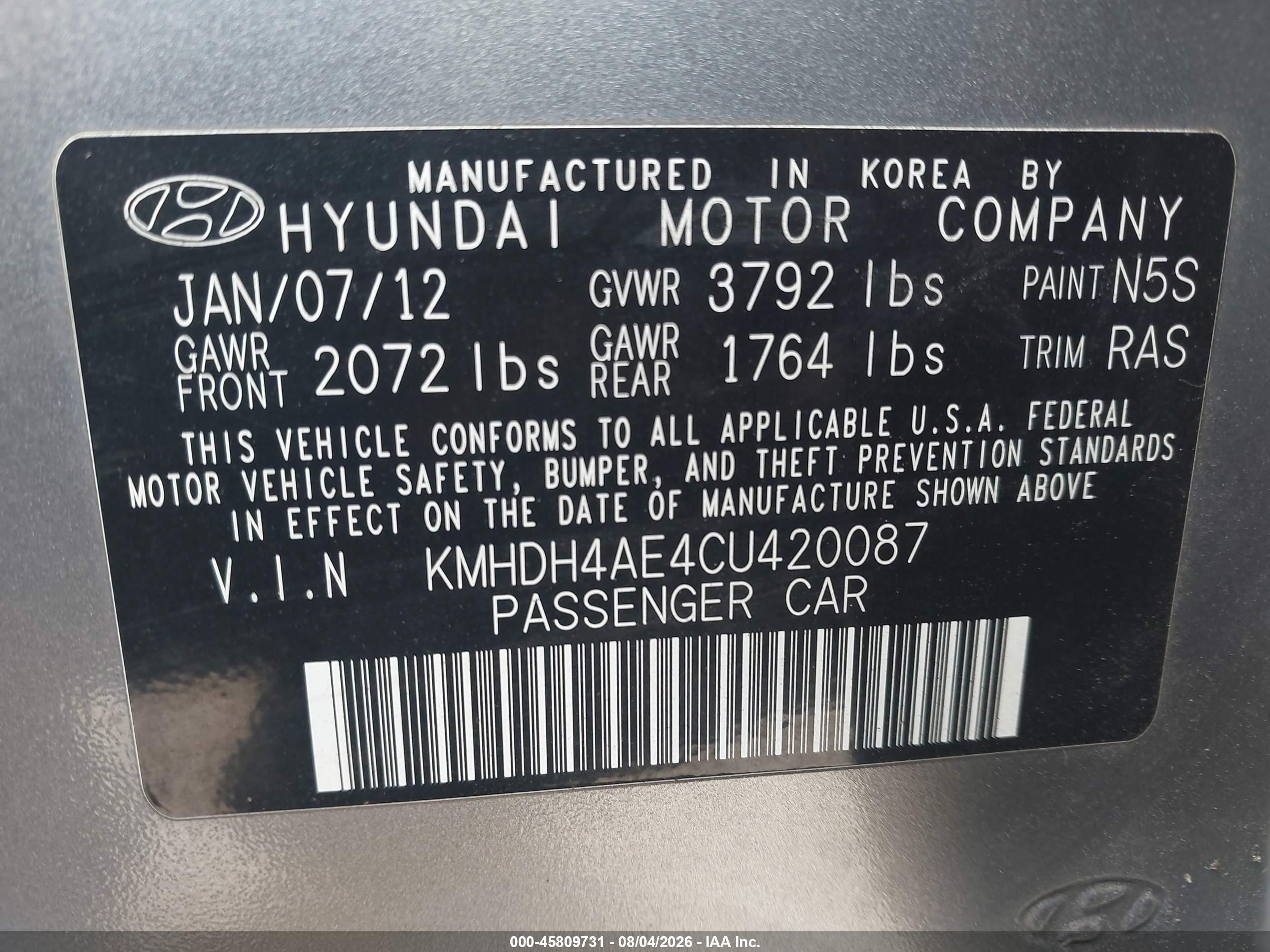 2012 Hyundai Elantra Gls (ulsan Plant) Gray vin: KMHDH4AE4CU420087
