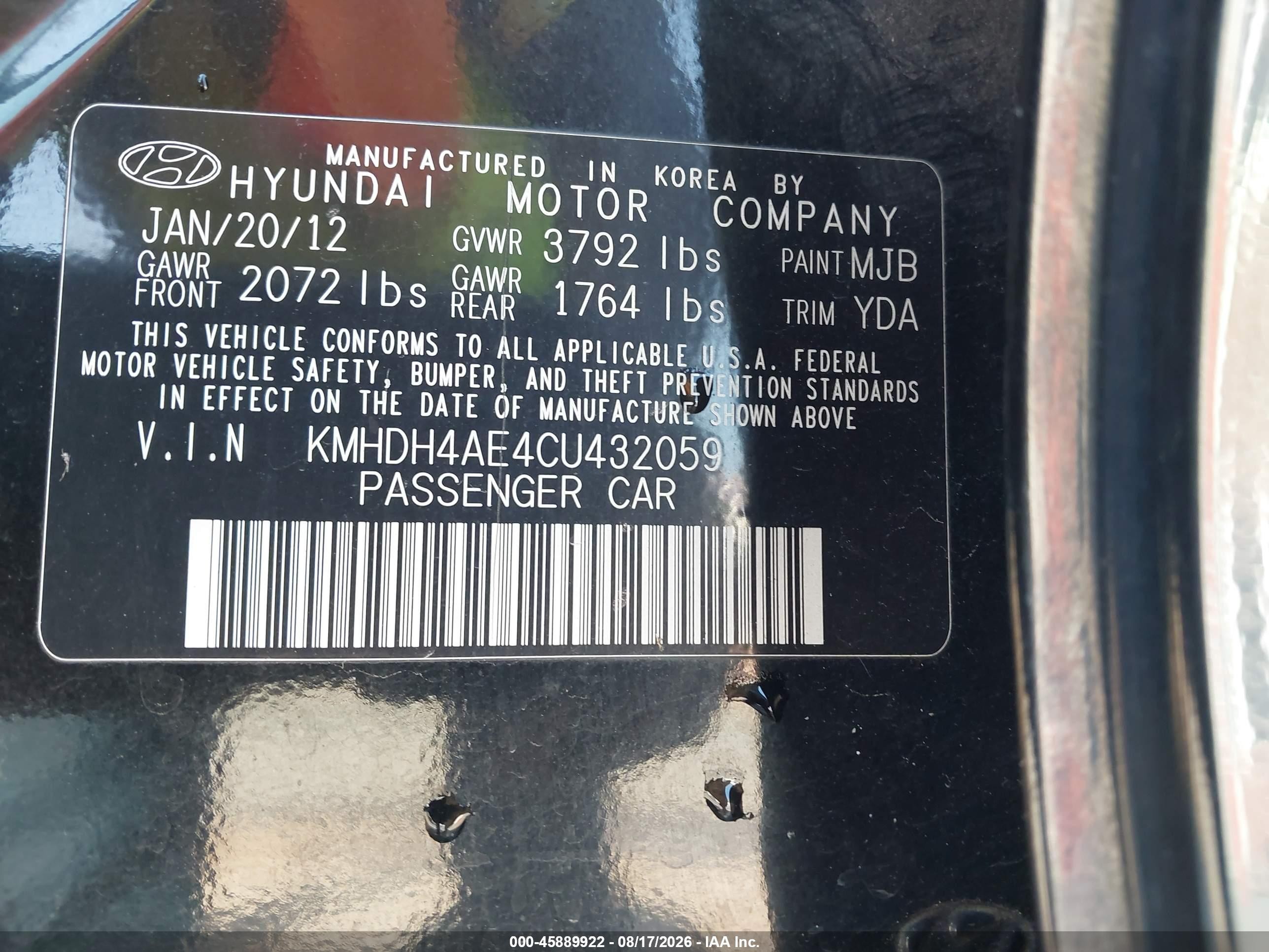 2012 Hyundai Elantra Gls (ulsan Plant) Черный vin: KMHDH4AE4CU432059