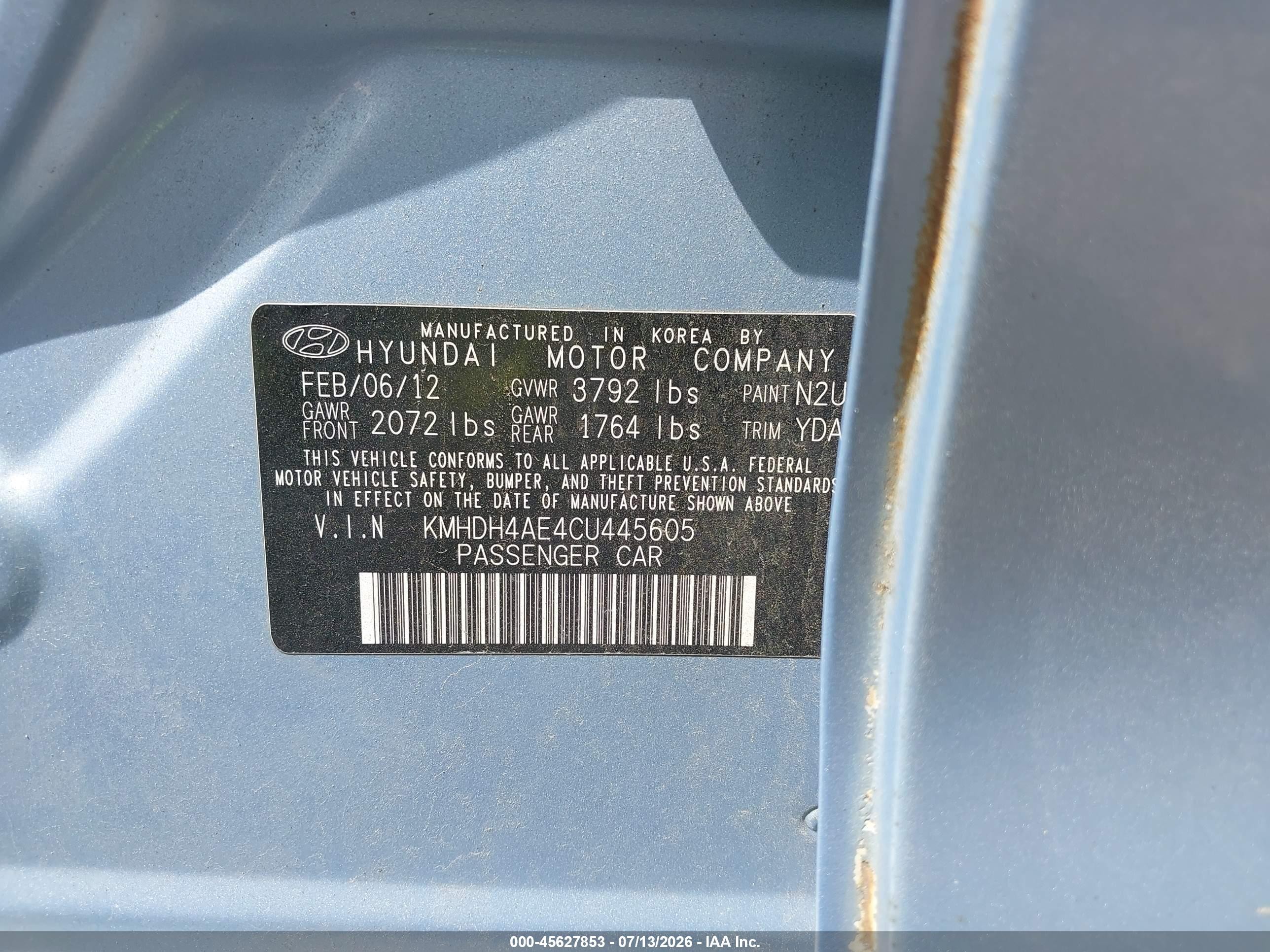 2012 Hyundai Elantra Limited (ulsan Plant) Синий vin: KMHDH4AE4CU445605