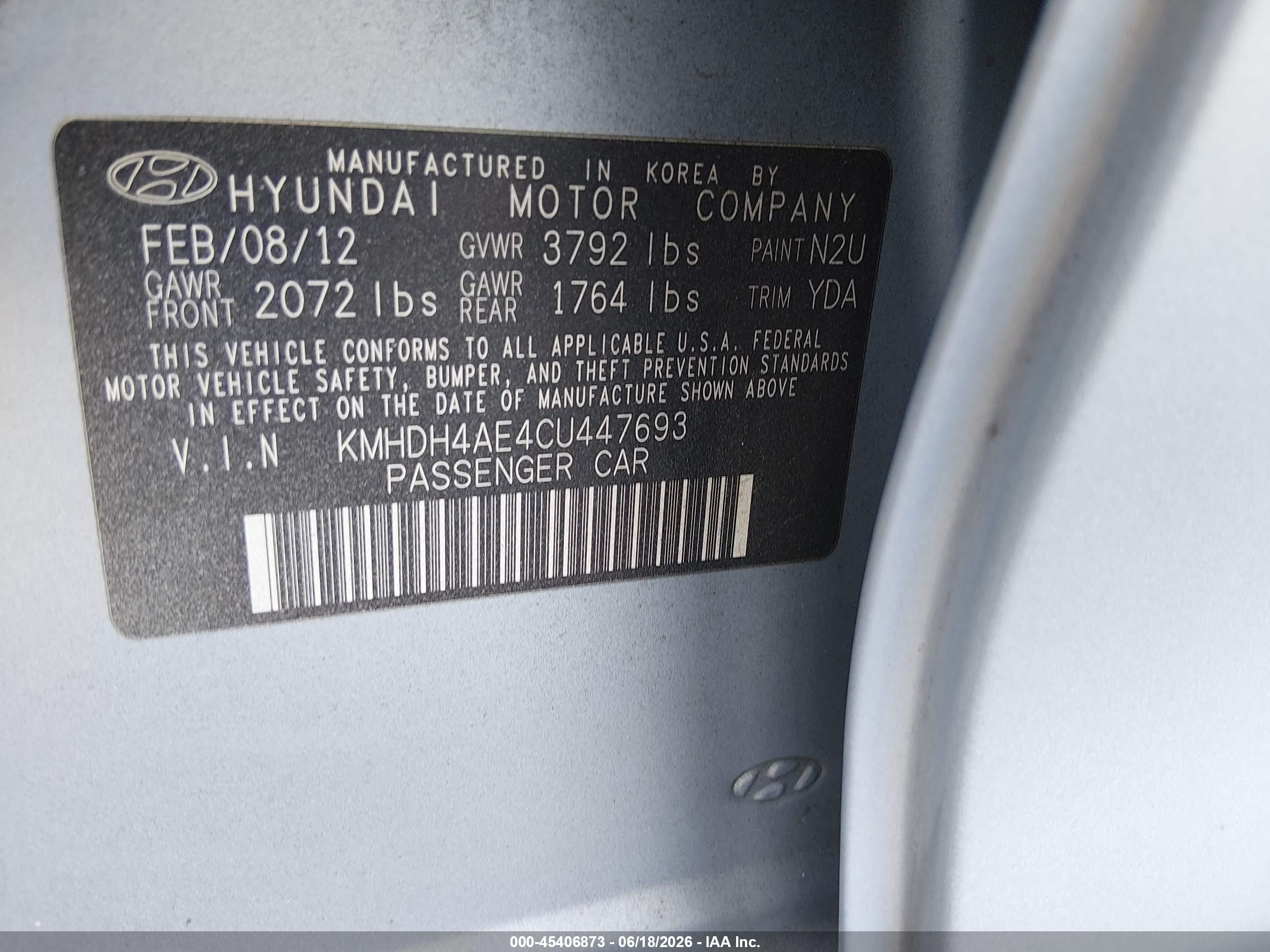 2012 Hyundai Elantra Gls (ulsan Plant) Light Blue vin: KMHDH4AE4CU447693