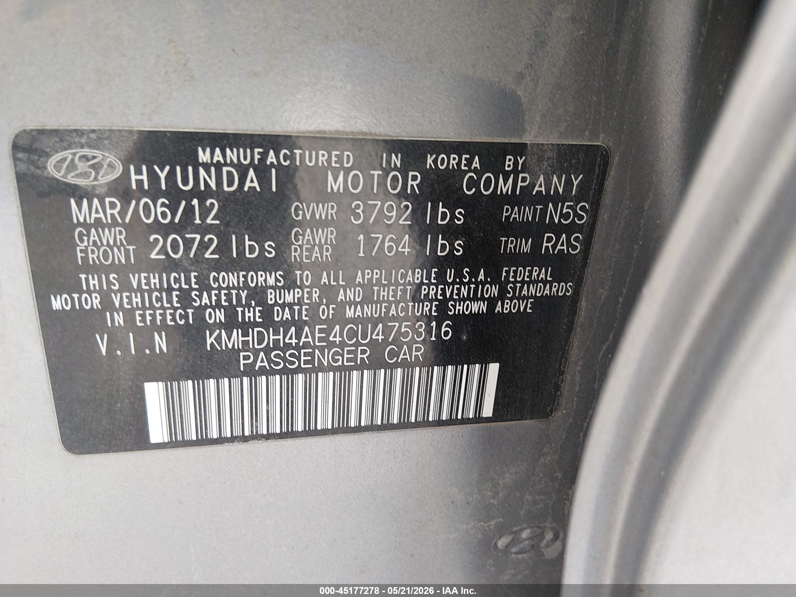 2012 Hyundai Elantra Limited (ulsan Plant) Silver vin: KMHDH4AE4CU475316