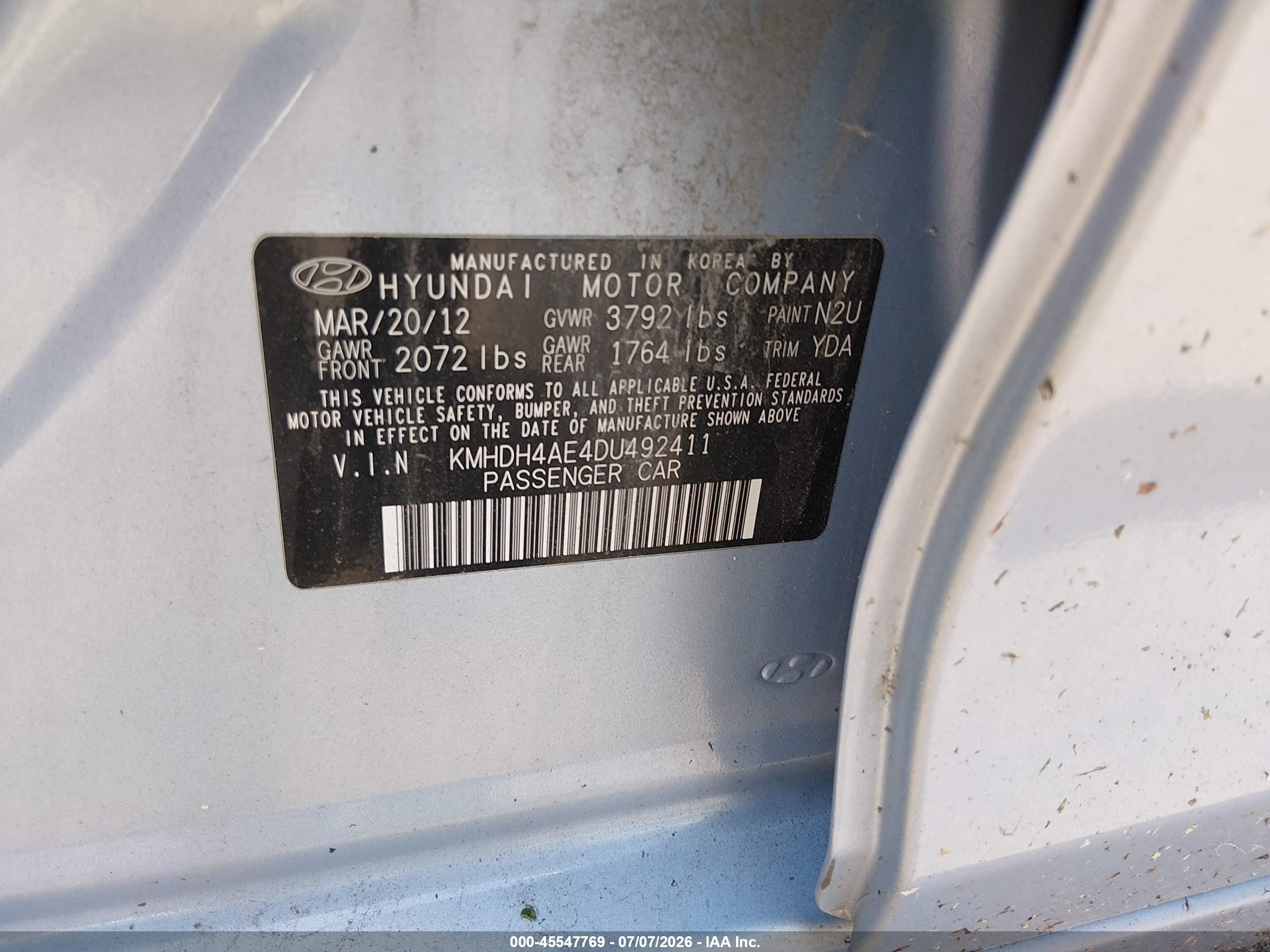2013 Hyundai Elantra Gls Light Blue vin: KMHDH4AE4DU492411