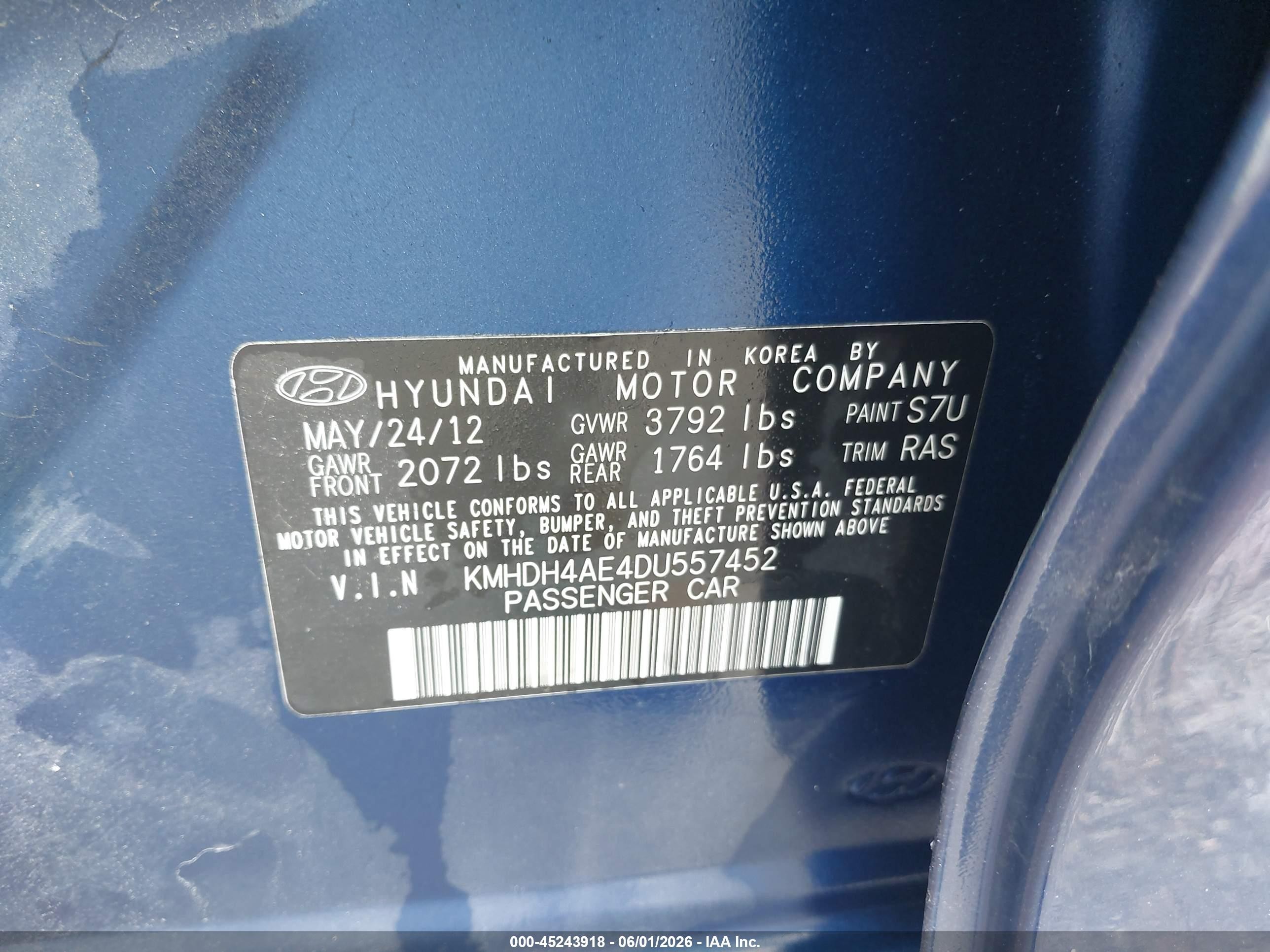 2013 Hyundai Elantra Gls Blue vin: KMHDH4AE4DU557452