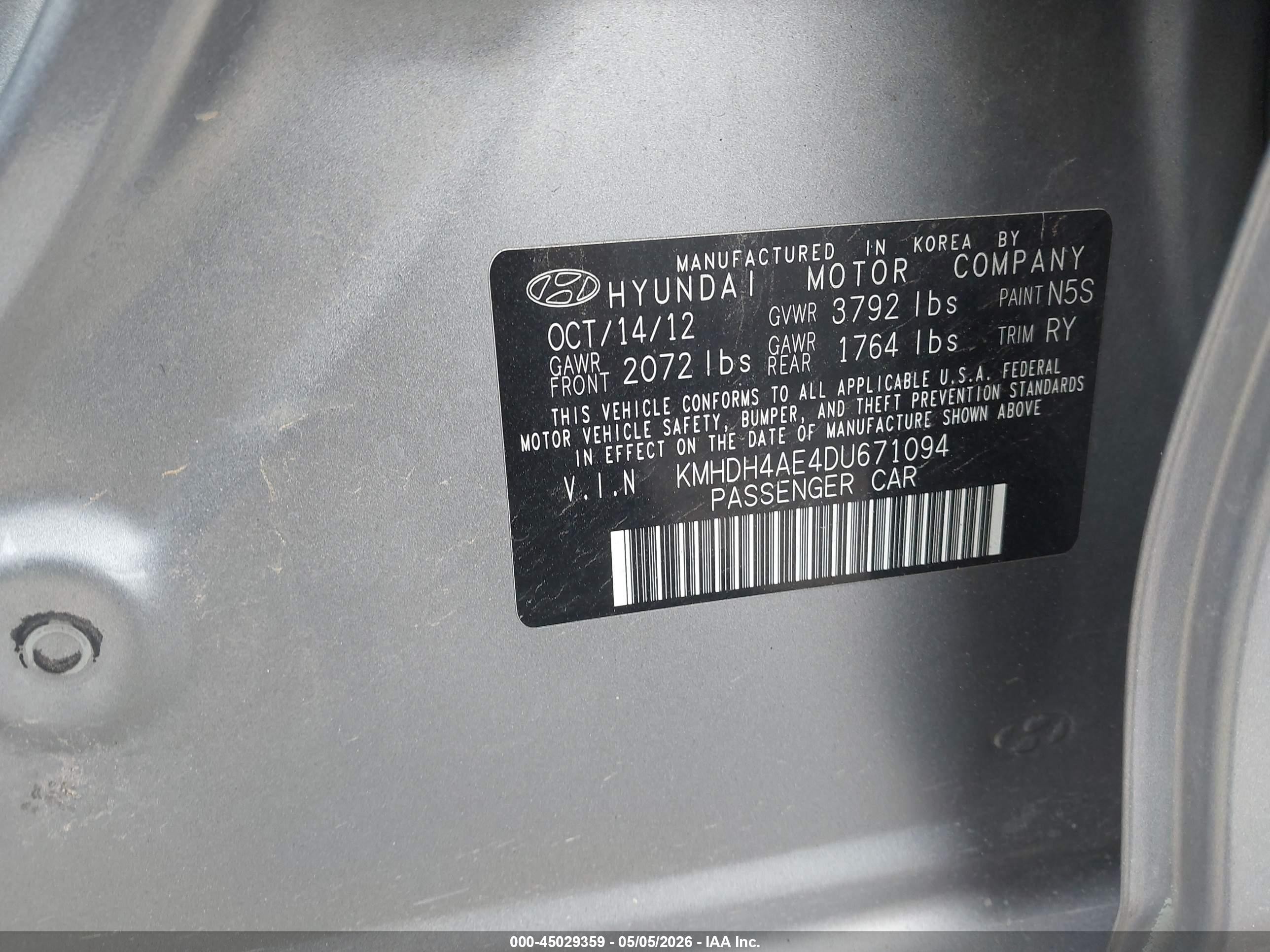 2013 Hyundai Elantra Limited Gray vin: KMHDH4AE4DU671094