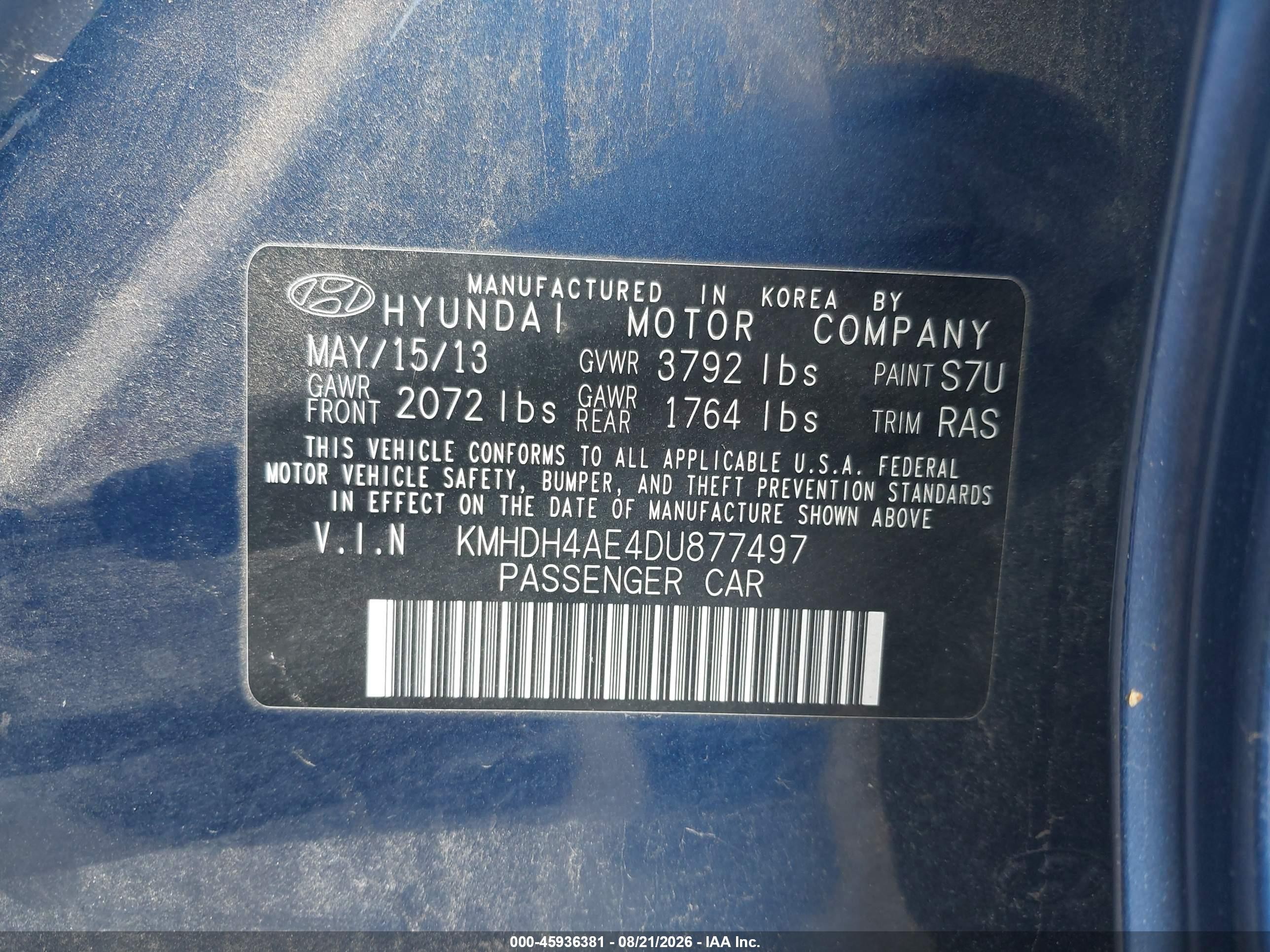 2013 Hyundai Elantra Gls Blue vin: KMHDH4AE4DU877497
