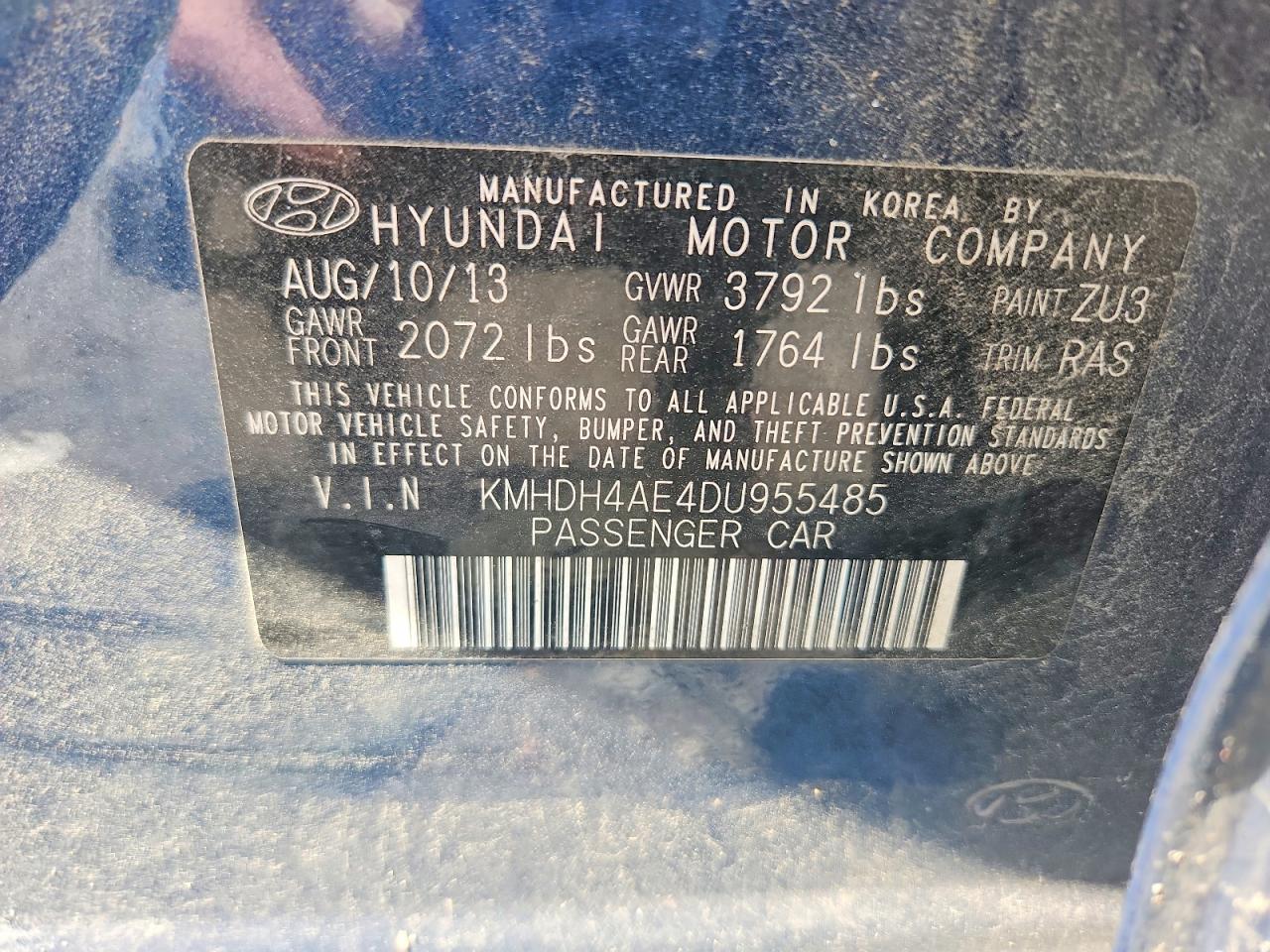 2013 Hyundai Elantra Gls Blue vin: KMHDH4AE4DU955485