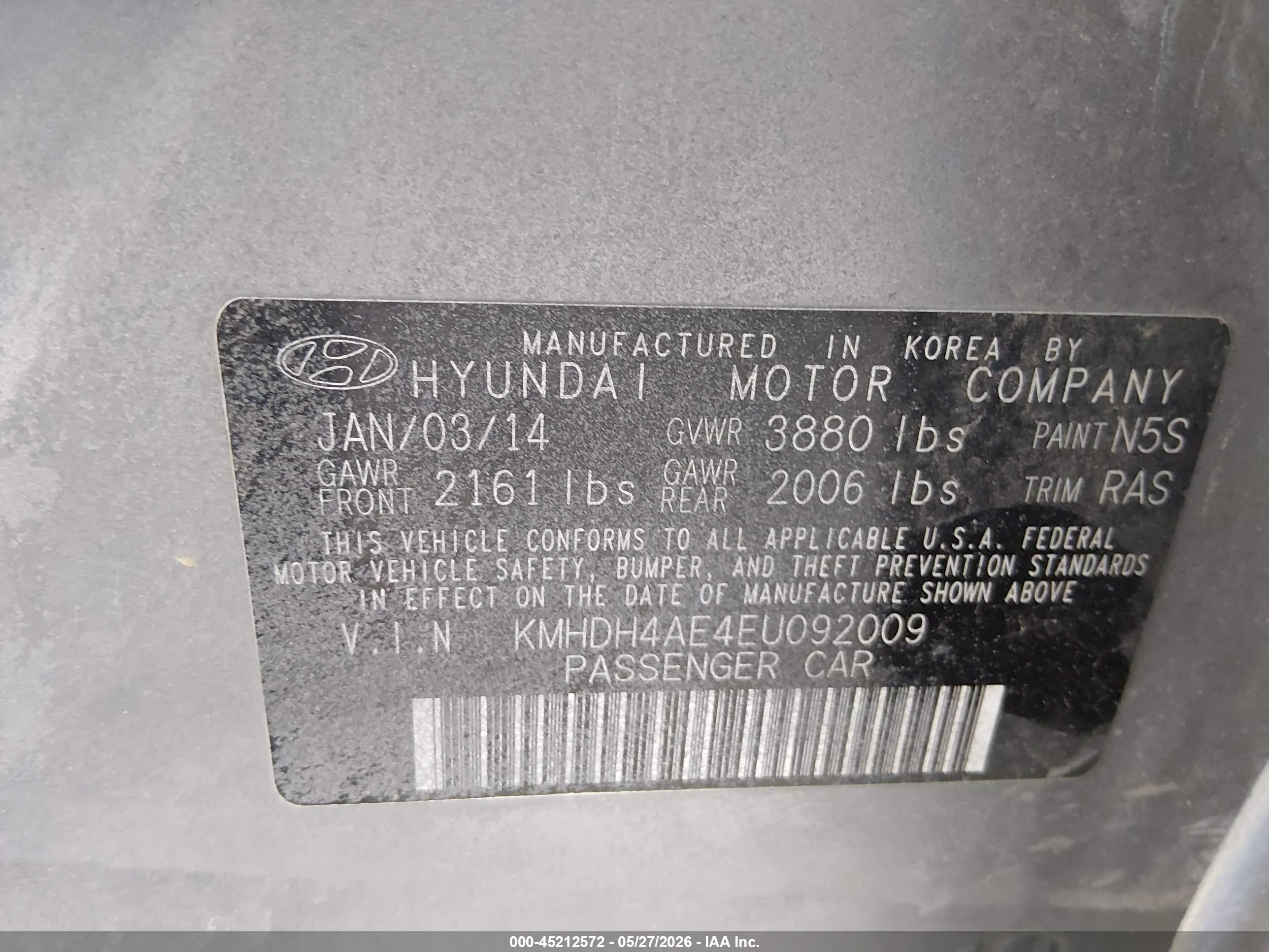 2014 Hyundai Elantra Se Gray vin: KMHDH4AE4EU092009