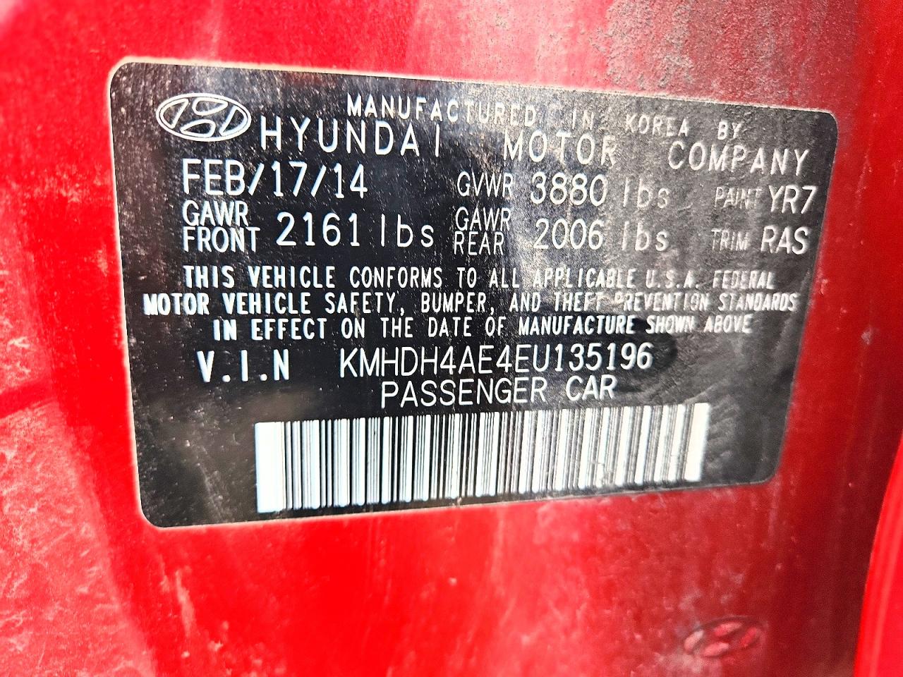 2014 Hyundai Elantra Se Red vin: KMHDH4AE4EU135196
