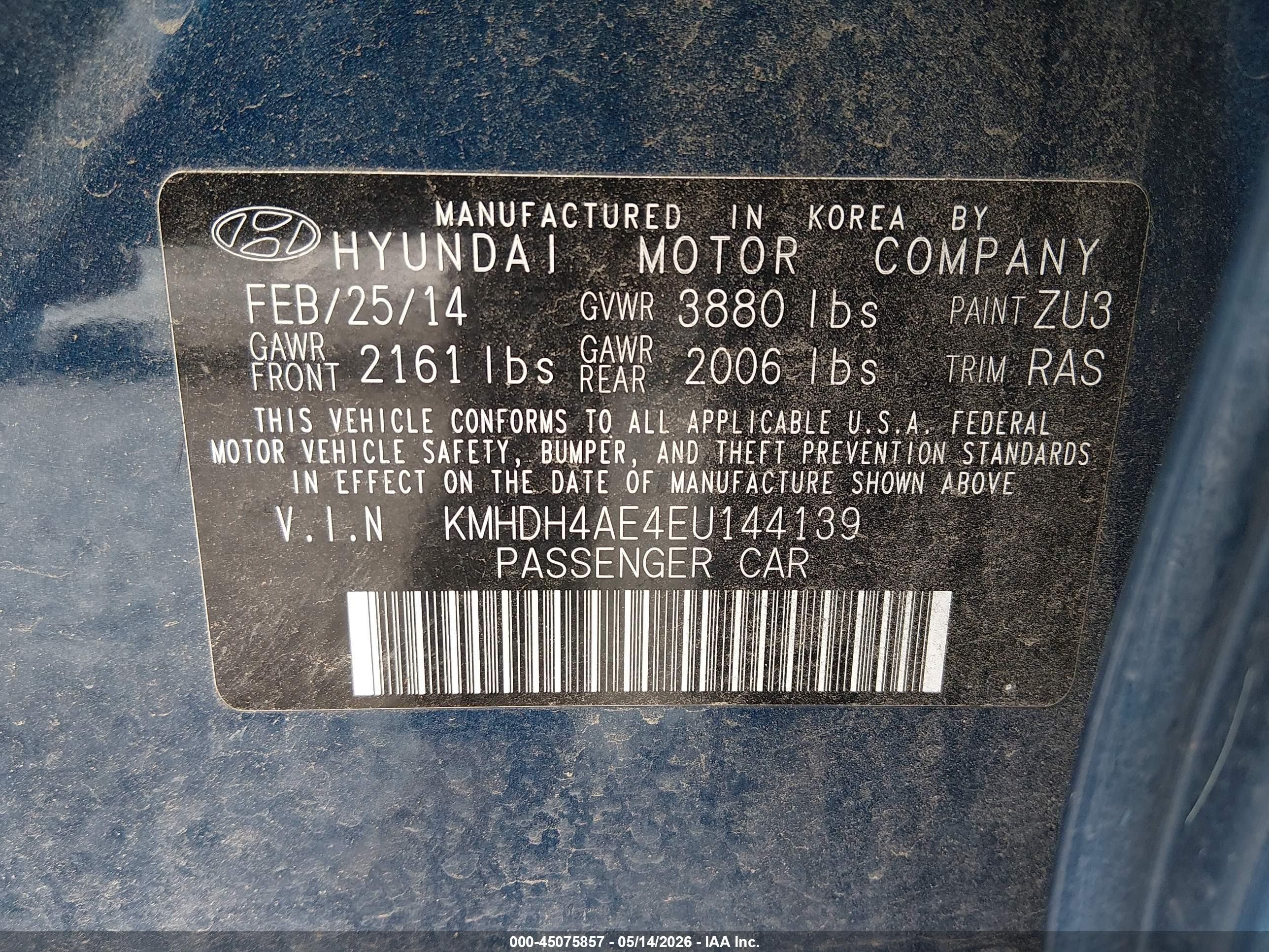 2014 Hyundai Elantra Se Blue vin: KMHDH4AE4EU144139