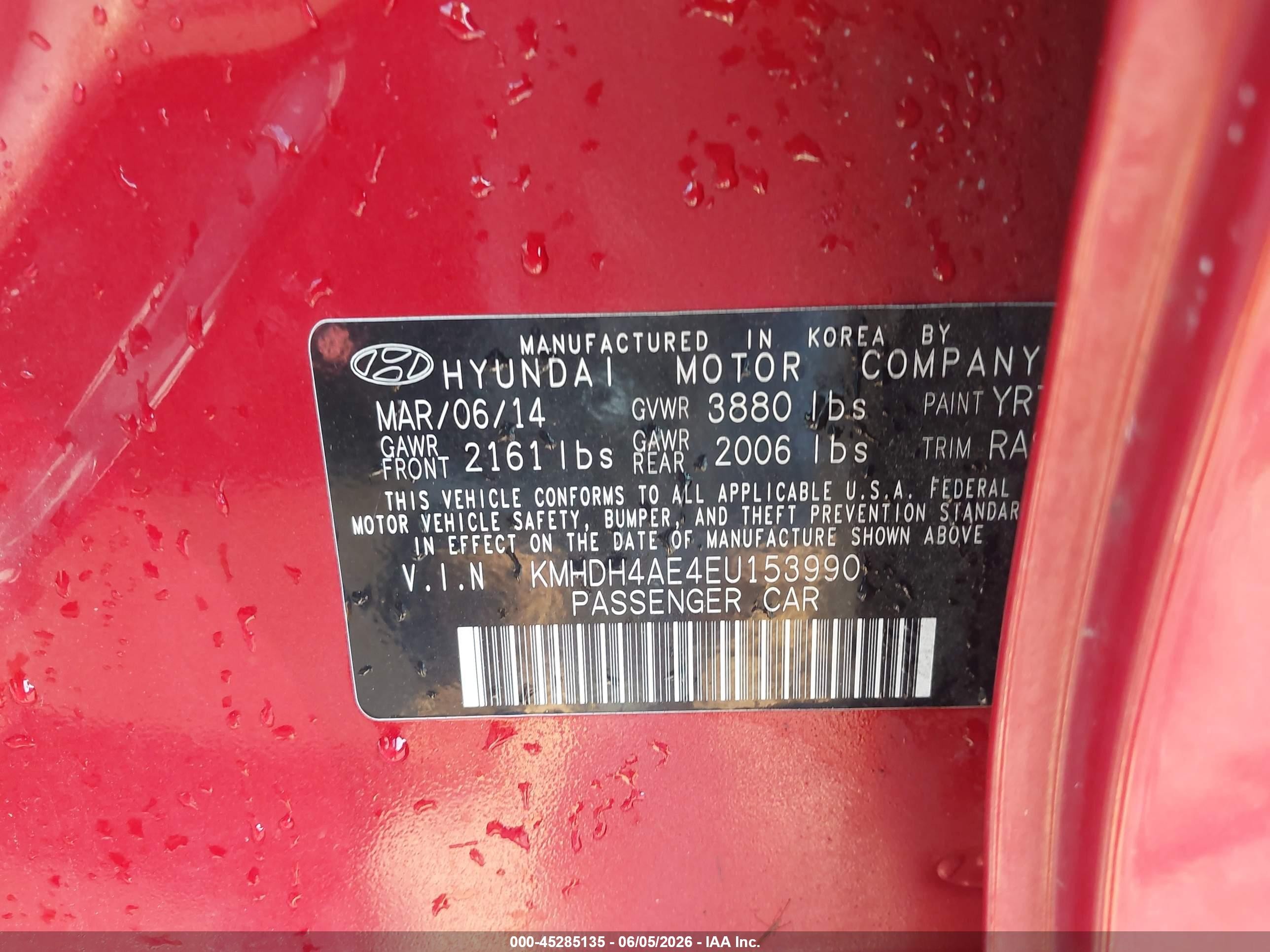 2014 Hyundai Elantra Se Red vin: KMHDH4AE4EU153990