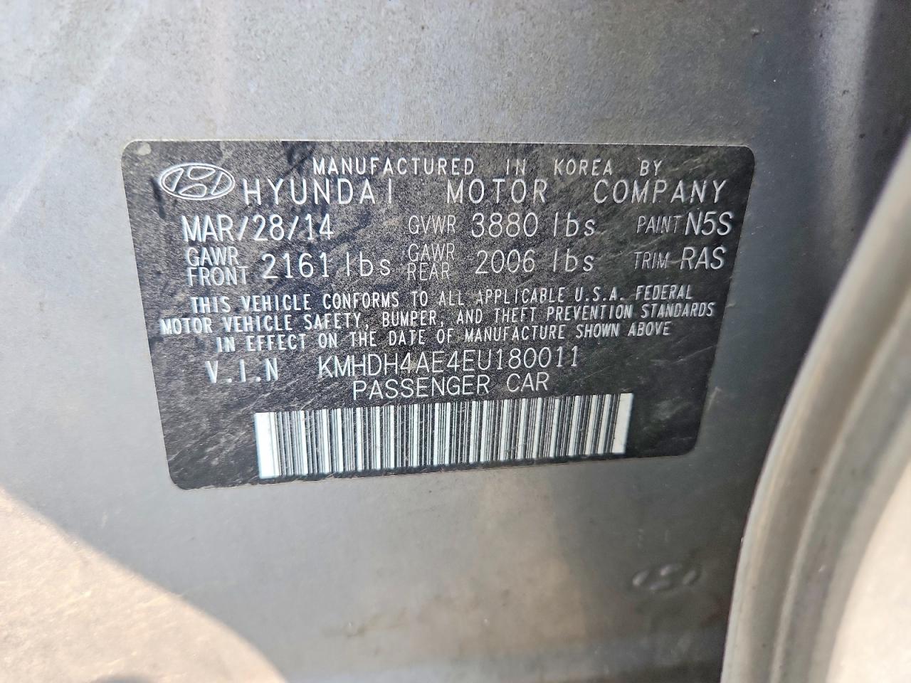 2014 Hyundai Elantra Se Gray vin: KMHDH4AE4EU180011
