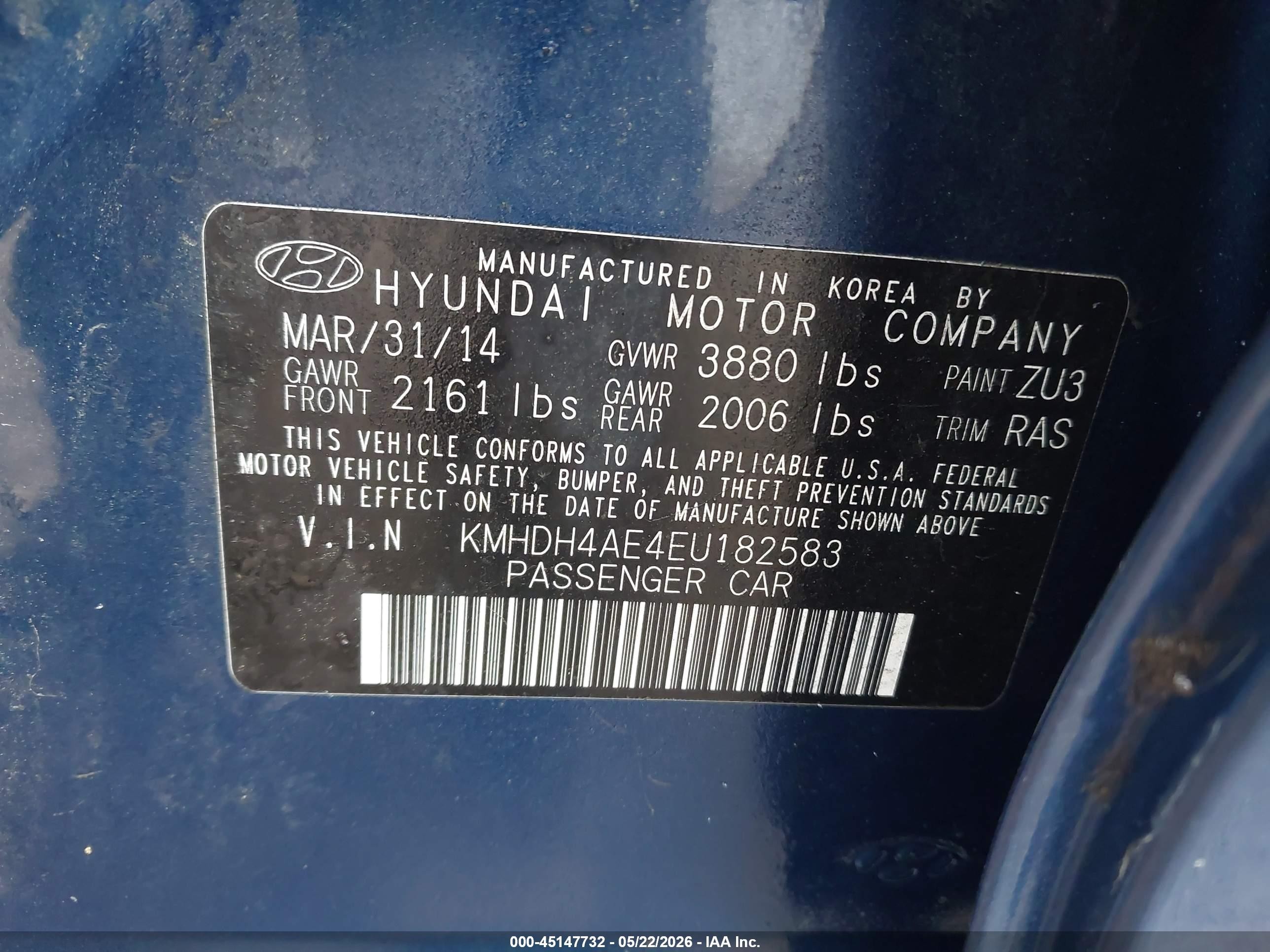 2014 Hyundai Elantra Se Blue vin: KMHDH4AE4EU182583