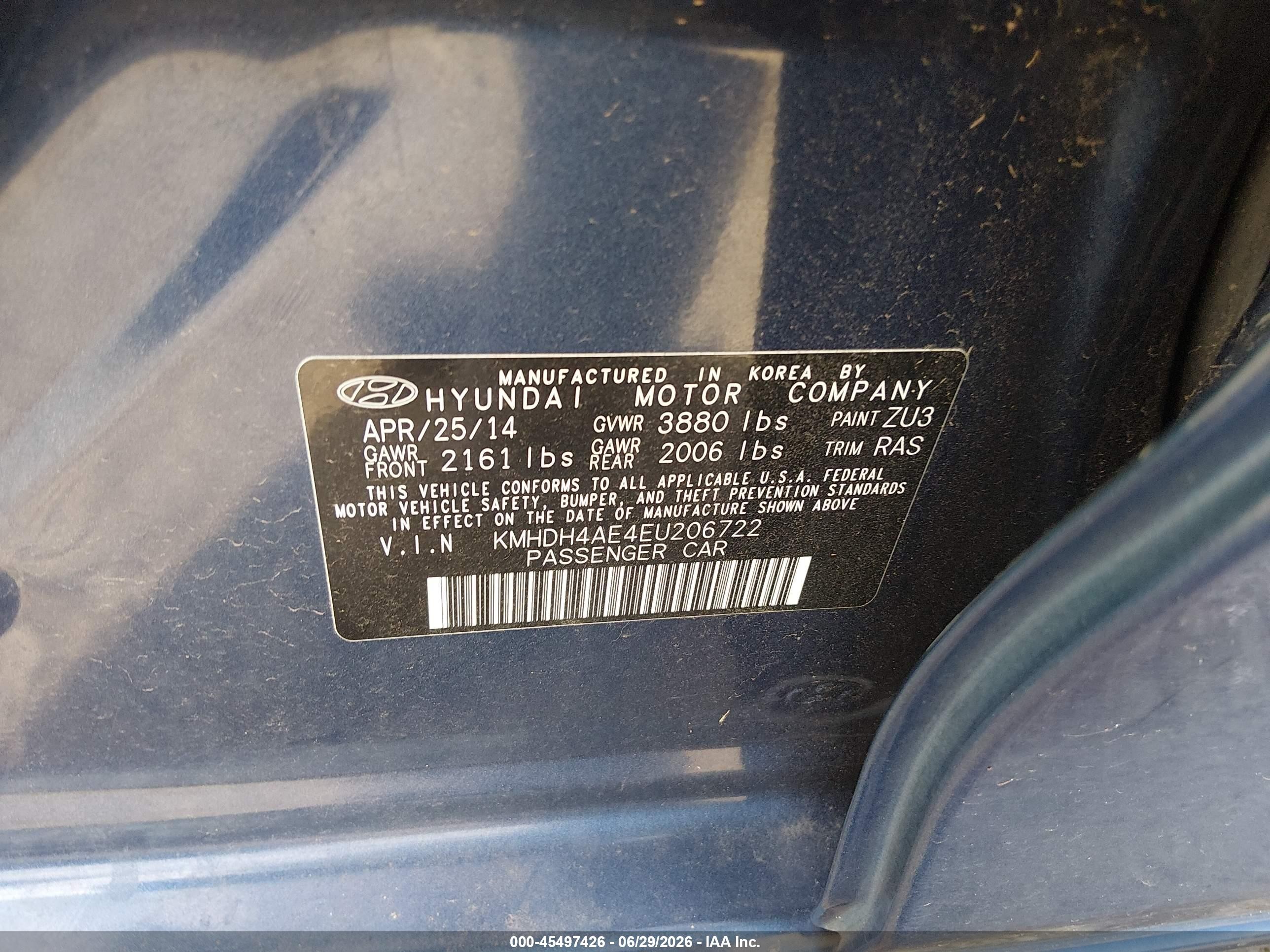2014 Hyundai Elantra Se Blue vin: KMHDH4AE4EU206722