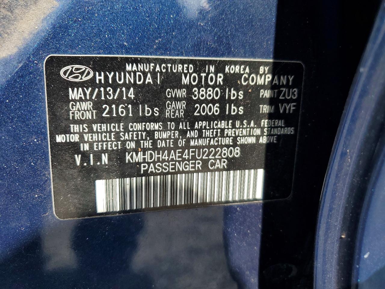 2015 Hyundai Elantra Limited Blue vin: KMHDH4AE4FU222808