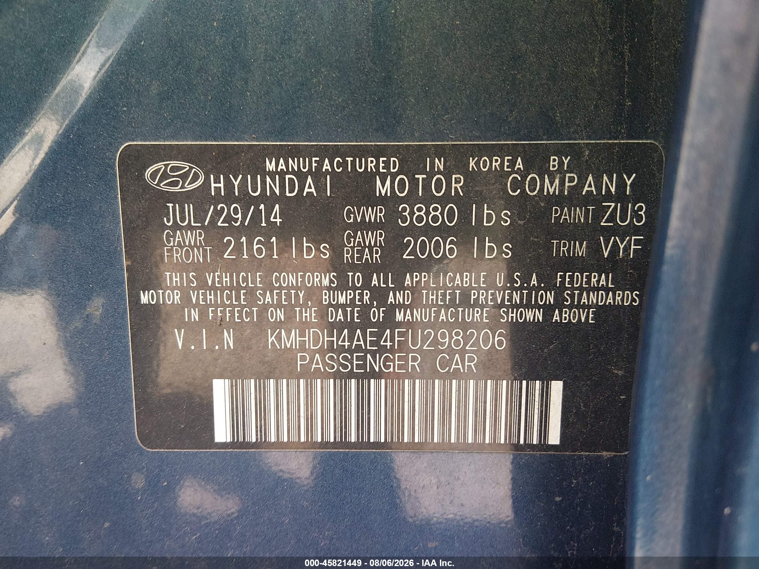 2015 Hyundai Elantra Se Blue vin: KMHDH4AE4FU298206
