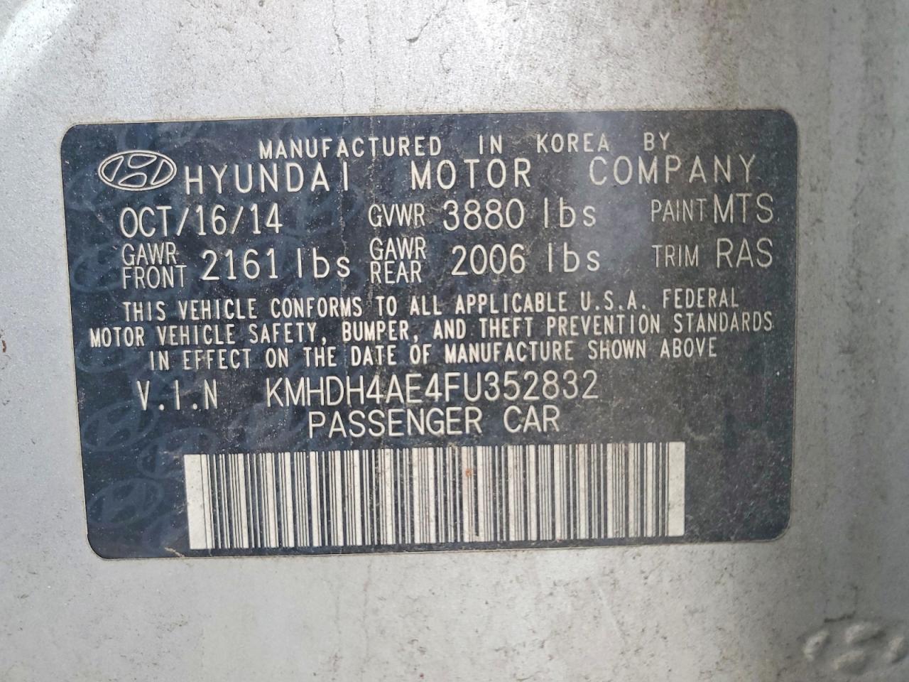 2015 Hyundai Elantra Se Silver vin: KMHDH4AE4FU352832