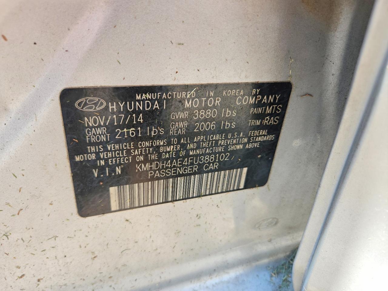 2015 Hyundai Elantra Se Silver vin: KMHDH4AE4FU388102