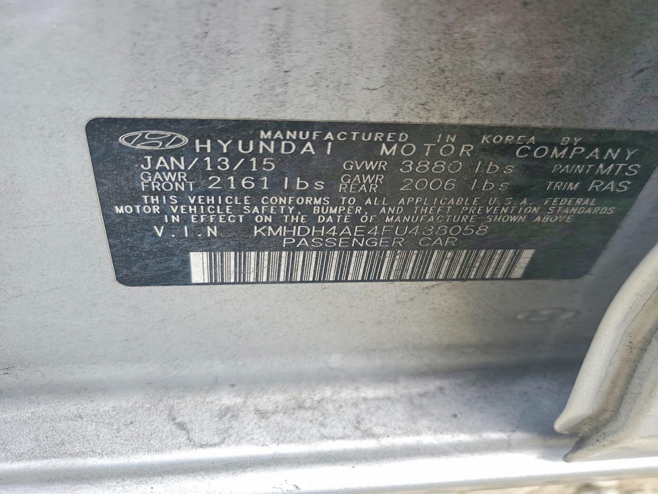 2015 Hyundai Elantra Se Gray vin: KMHDH4AE4FU438058