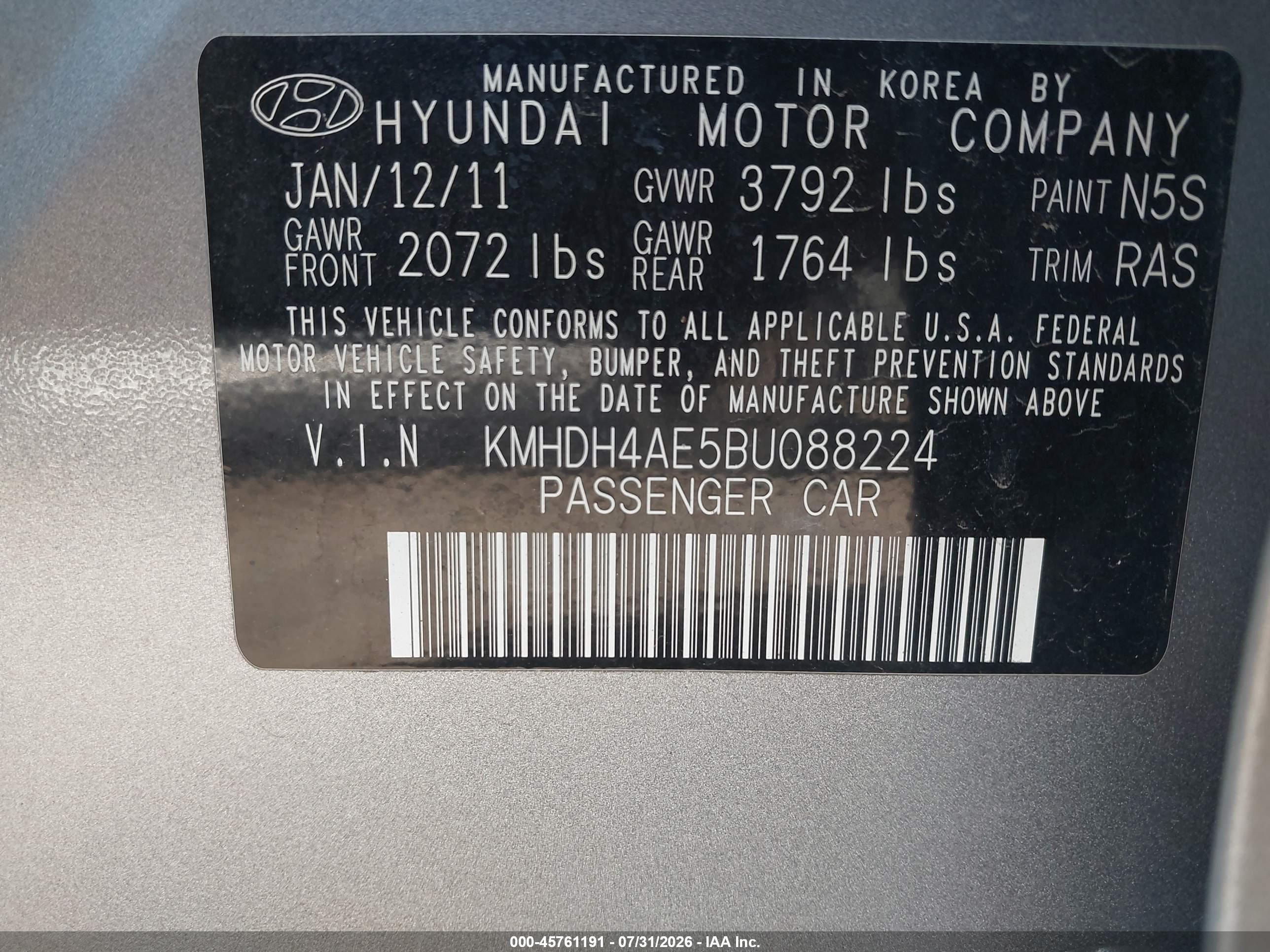 2011 Hyundai Elantra Limited (ulsan Plant) Silver vin: KMHDH4AE5BU088224