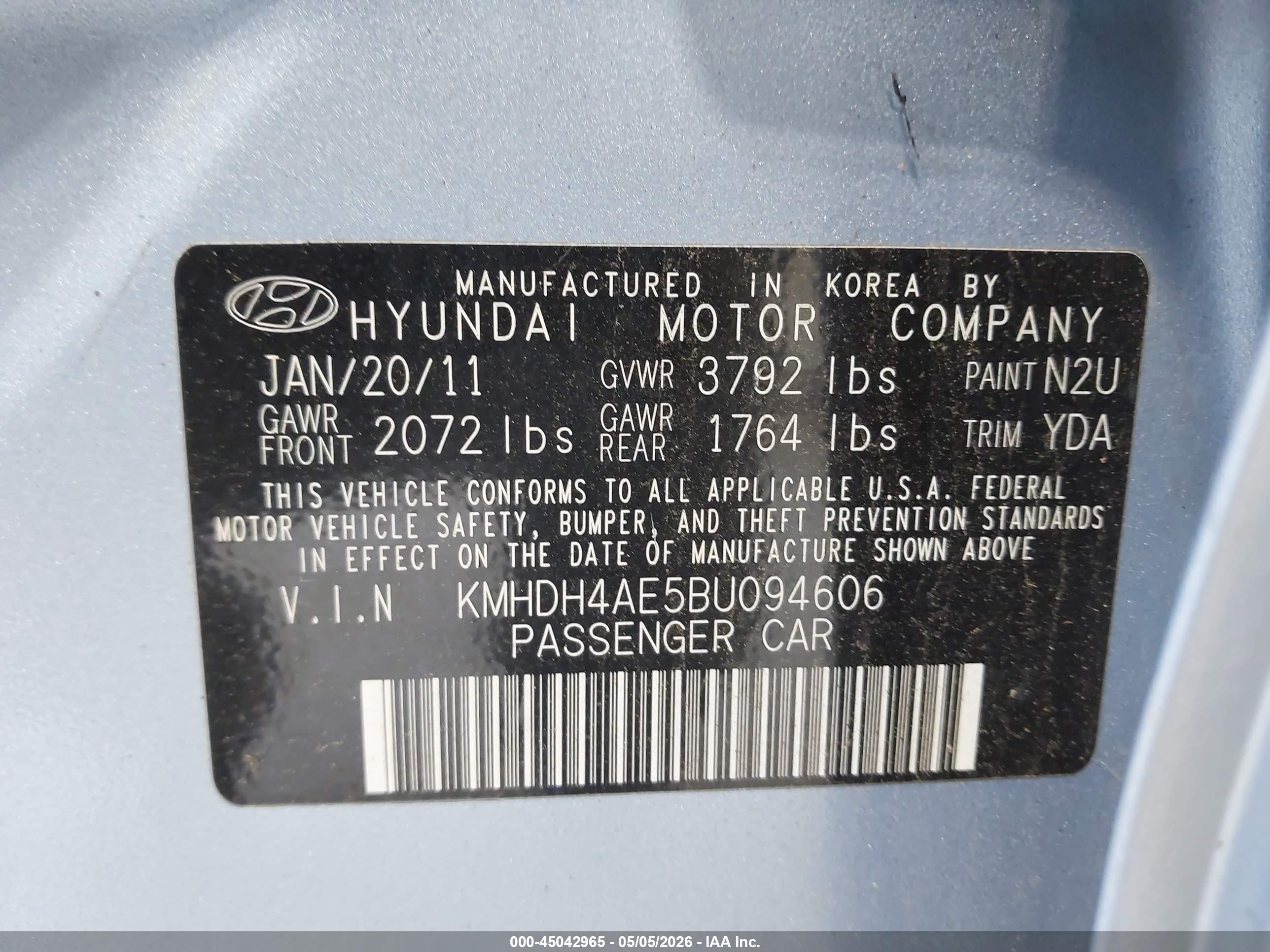 2011 Hyundai Elantra Limited (ulsan Plant) Light Blue vin: KMHDH4AE5BU094606