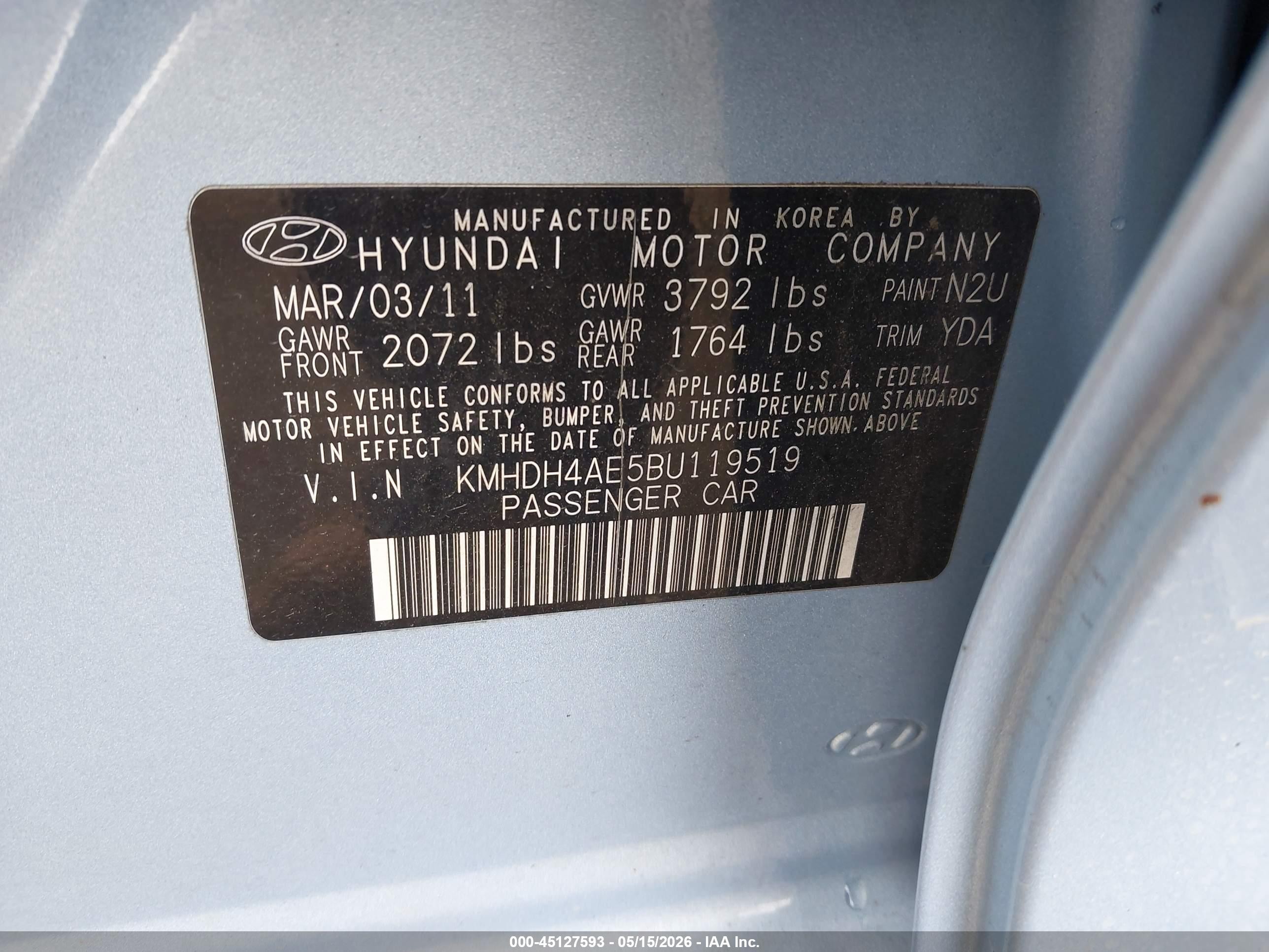 2011 Hyundai Elantra Limited (ulsan Plant) Light Blue vin: KMHDH4AE5BU119519